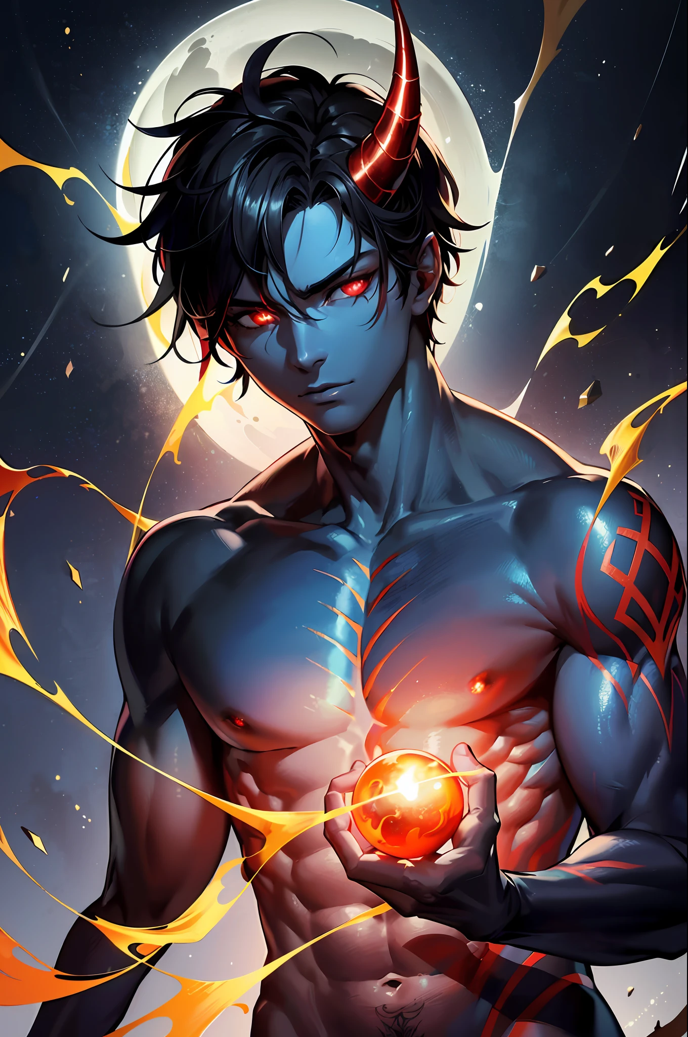 8k, complex, elegant, highly detailed, majestic, digital photography, surrealist painting, beating magic, winding flame, (masterpiece, side light, fine beautiful eyes: 1.2), HDR, (glowing red eyes)), naked upper body, (glowing tattoo), handsome boy, black hair, muscles, blue skin, demon horn, raining, handsome, facing the camera, masterpiece