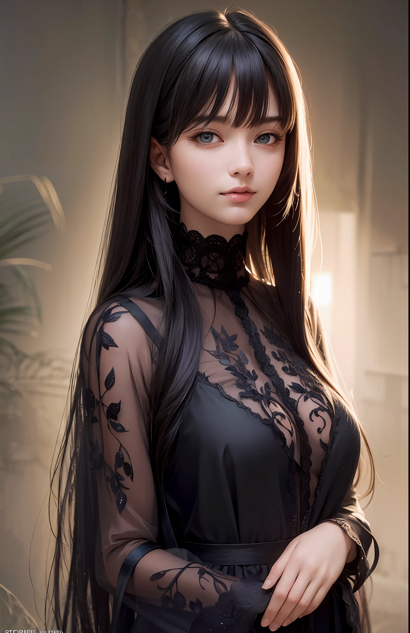 (Ultra Realistic), (Illustration), (Increased Resolution), (8K), (Extremely Detailed), (Best Illustration), (Beautiful and Detailed Eyes), (Best Quality), (Ultra Detailed), (Masterpiece ), ( wallpaper), (detailed face), solo, 1 girl, looking at viewer, fine details, detailed face, in the dark, deep shadows, low key, pureerosfaceace_v1, smiling, long hair, black shawl straight hair , 46 points oblique bangs