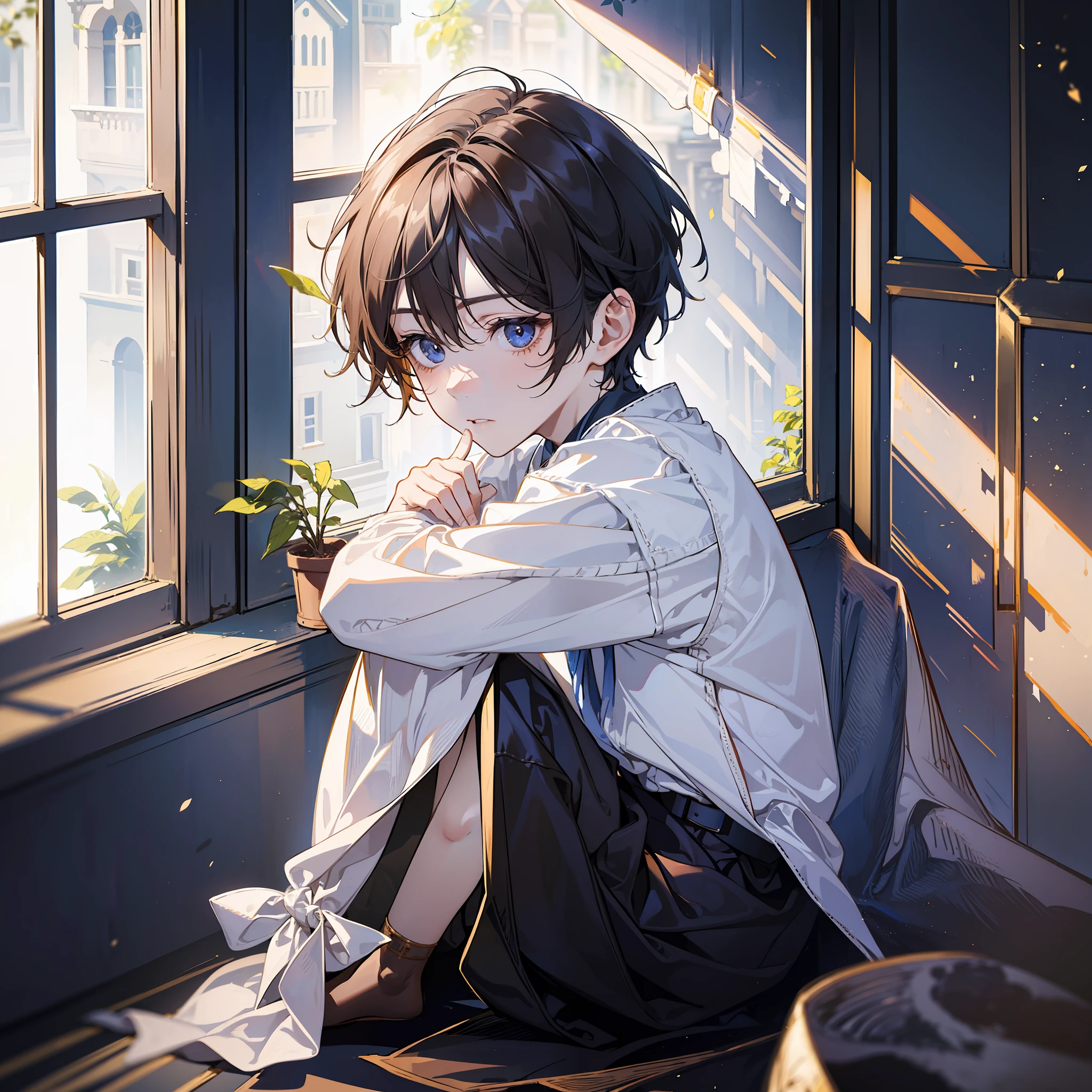 Boutique, (best quality), highly detailed, super detailed, 1 boy, (orphan: 1.2), with simple clothes and sad expressions, (sitting: 0.8) on the windowsill of the orphanage, (facing: 0.8) camera, (looking: 0.8) looking into the distance, brows slightly wrinkled, eyes full of longing