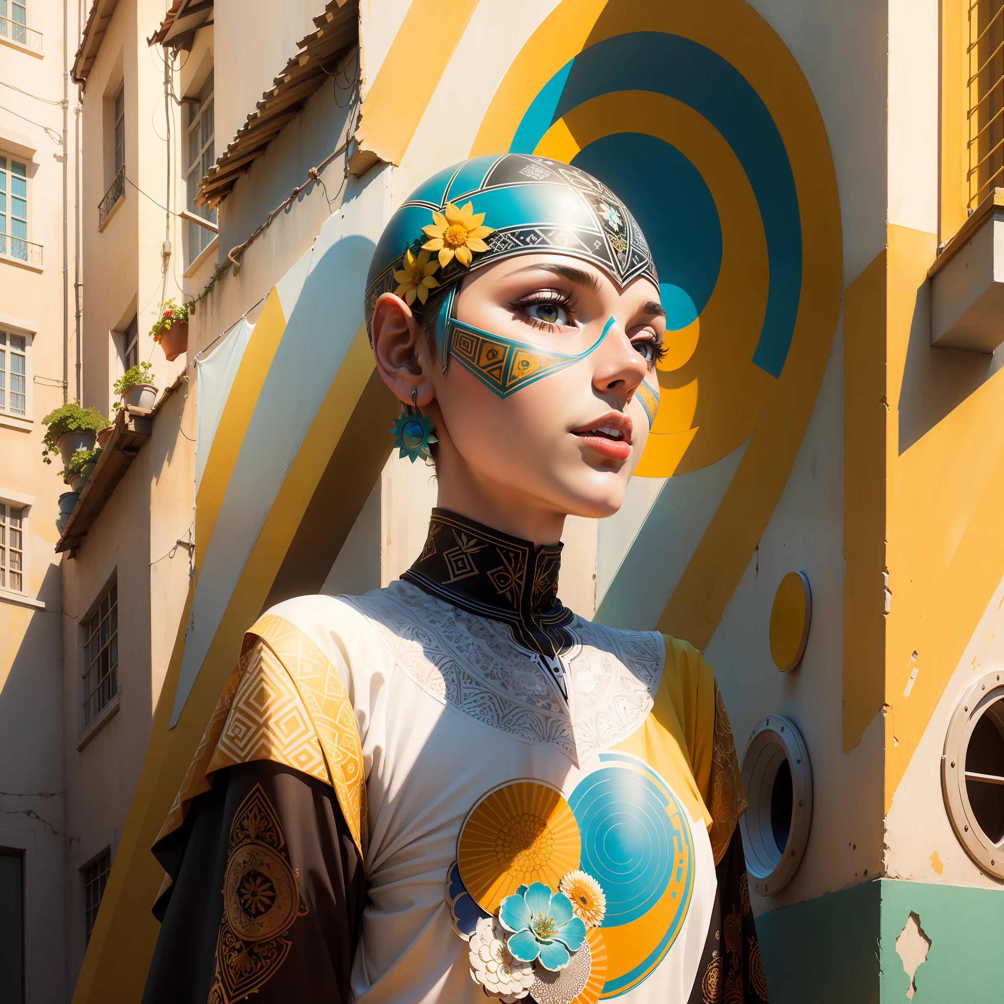 in a modern, minimalist and colorful work of art - - geometric shapes, intricate patterns - - radiating energy under the midday sun, a collage of mixed media mixing Portuguese things --auto --s2