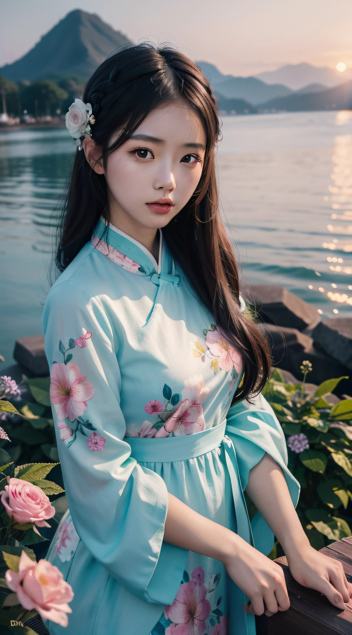 A girl with flowers in her hair, chinese girl, asian, seaside, sunset, 4K highly detailed digital art, beautiful digital artwork, beautiful art UHD 4k, beautiful digital illustration, gorgeous digital art, 4K detailed digital art, realistic digital art 4k, beautiful digital art, cute detailed digital art, stunning digital illustration, 8K high quality detailed art