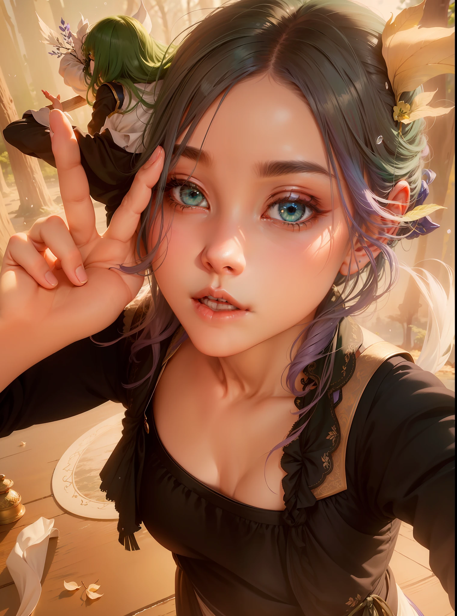 An incredibly detailed CG artwork, a true masterpiece with the highest quality and resolution possible, featuring a beautiful, delicate, and floating scene. The dynamic angle and pose highlight the main character, a beautiful girl with blue eyes and stunning multicolored hair (silver hair: x1.3, red hair: x1.2, purple hair, yellow hair: x1.3, green hair: x1.3). She wears white wuxia clothes and a neck ribbon, emphasizing her beautiful face. The scene is set against a backdrop of water droplets, clouds, and twilight, creating a wide panoramic view with a watercolor-like effect.
Prompt 2:
A hyper-realistic CG unity 8k wallpaper, a true masterpiece with the most detailed illumination and shadows, featuring a beautiful and floating forest scene. The depth of field highlights the blue splashing and glorious petals, with wind and leaves contributing to the fantastical atmosphere. The volumetric light adds to the overall beauty of the image