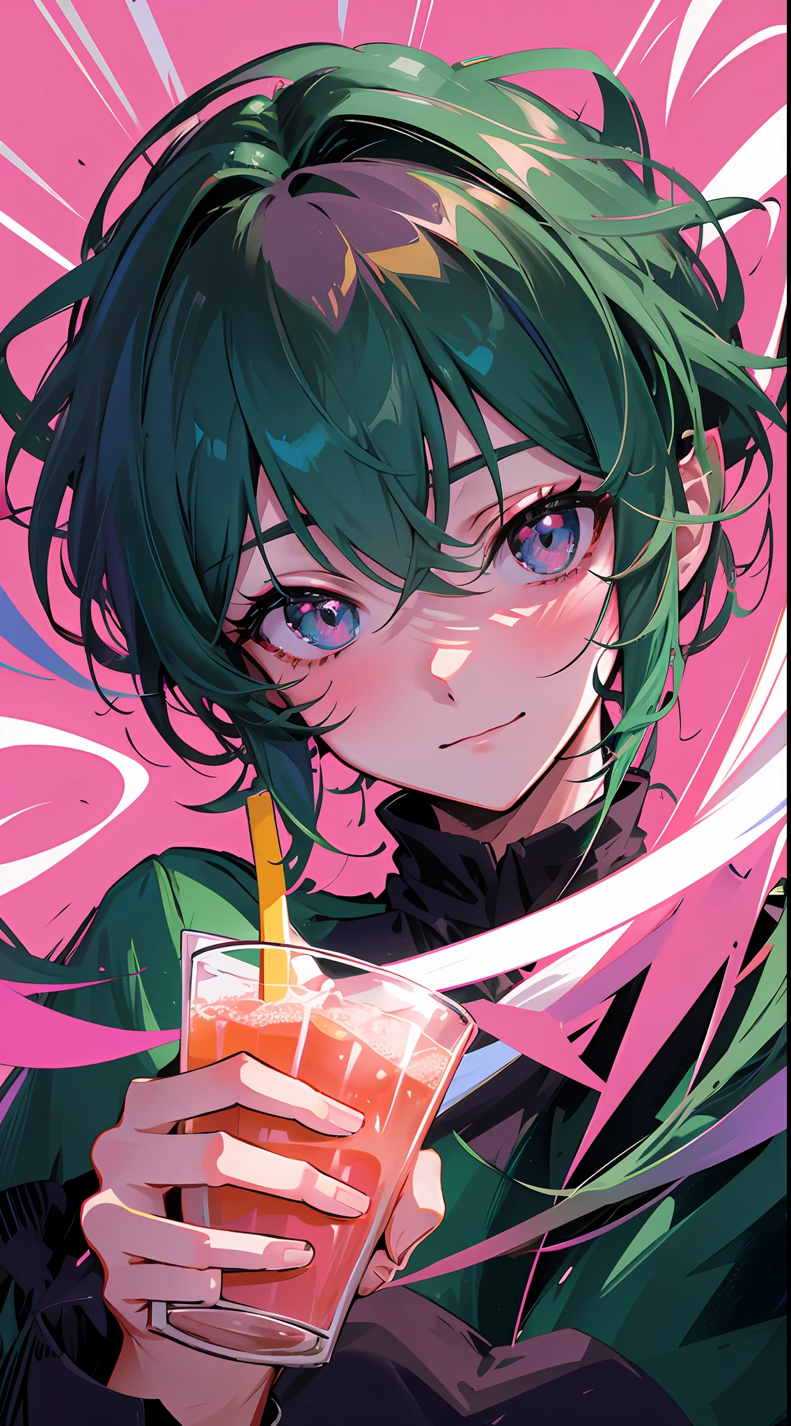 This is a close-up shot showing a female anime character holding a drink. The palette of pink and green is used to create a vibrant yet bleak atmosphere. The drink held by this character is lime-themed with a sharp thrill. The whole picture presents beautiful color art! But there is some hostility and malice in it, and he may have the qualities of a "celery woman", a style common in comics. The entire frame may be in a super vivid color scheme to enhance the visual impact. She has a wavy hairstyle that gives a sense of movement and tension. This style may have come from a Korean artist. Finally, there may be a bloody scene in the picture, adding some tension and drama. Anime girl with green hair holding drink, evil smile, anime style 4 K, anime moe art style, 2 D anime style, detailed digital anime art, high quality anime art style, anime art wallpaper 4k, anime wallpaper 4k, anime girl