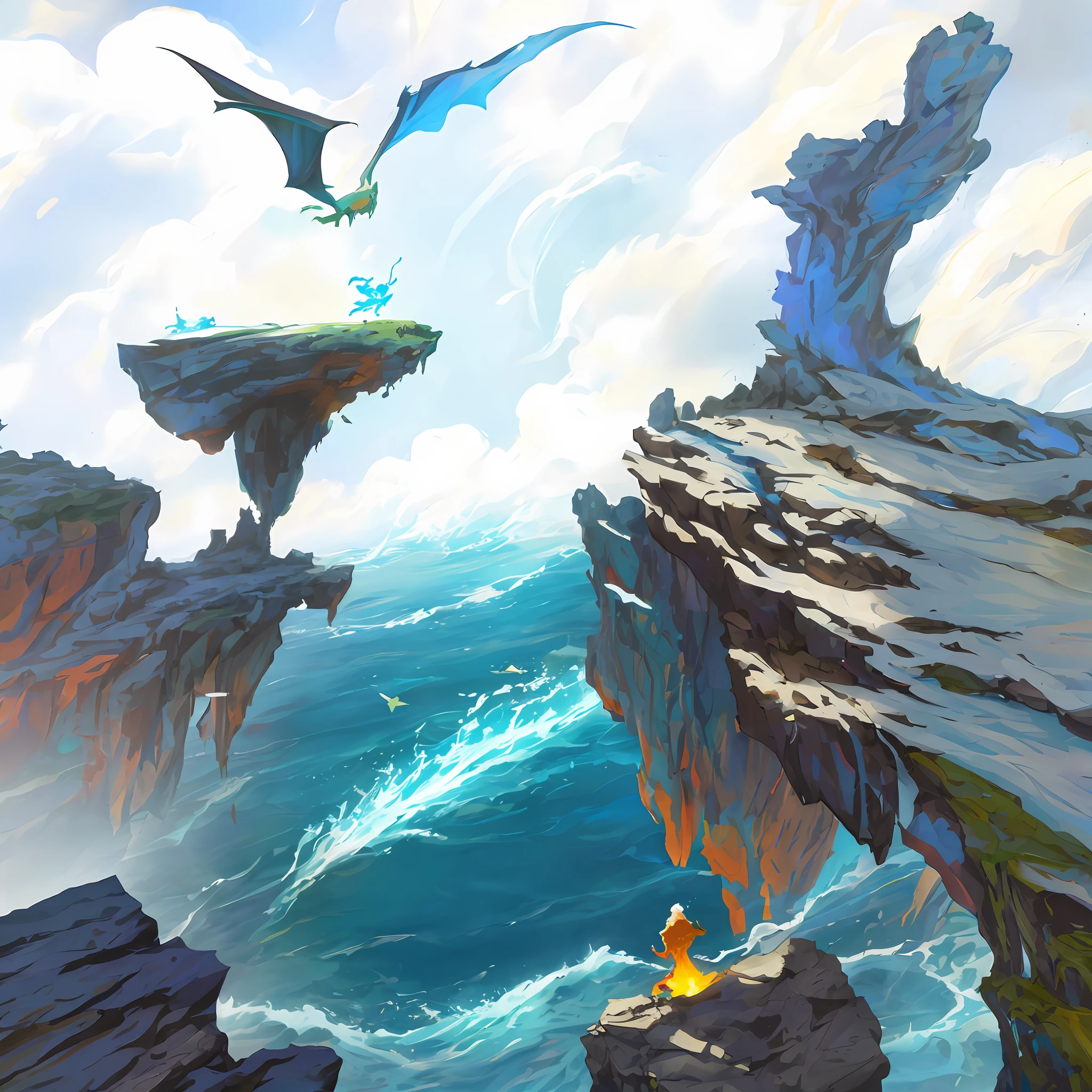 Conceptart, Concept Art, SamWho, mksks style, species, far over the chasm, flying dragon, strange rock, waves, bright, summer