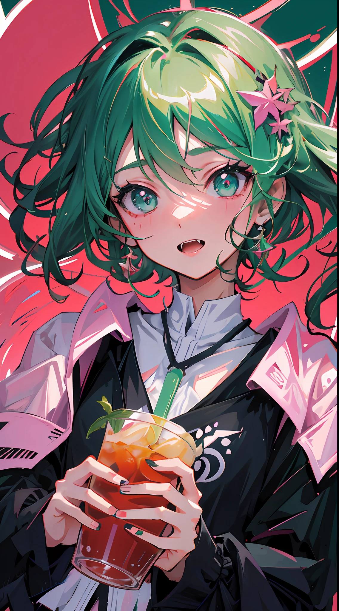 This is a close-up shot showing a female anime character holding a drink. The palette of pink and green is used to create a vibrant yet bleak atmosphere. The drink held by this character is lime-themed with a sharp thrill. The whole picture presents beautiful color art! But there is some hostility and malice in it, and he may have the qualities of a "celery woman", a style common in comics. The entire frame may be in a super vivid color scheme to enhance the visual impact. She has a wavy hairstyle that gives a sense of movement and tension. This style may have come from a Korean artist. Finally, there may be a bloody scene in the picture, adding some tension and drama. Anime girl with green hair holding drink, evil laugh, fangs, anime style 4 K, anime moe art style, 2 D anime style, detailed digital anime art, high quality anime art style, anime art wallpaper 4k, anime wallpaper 4k, anime girl