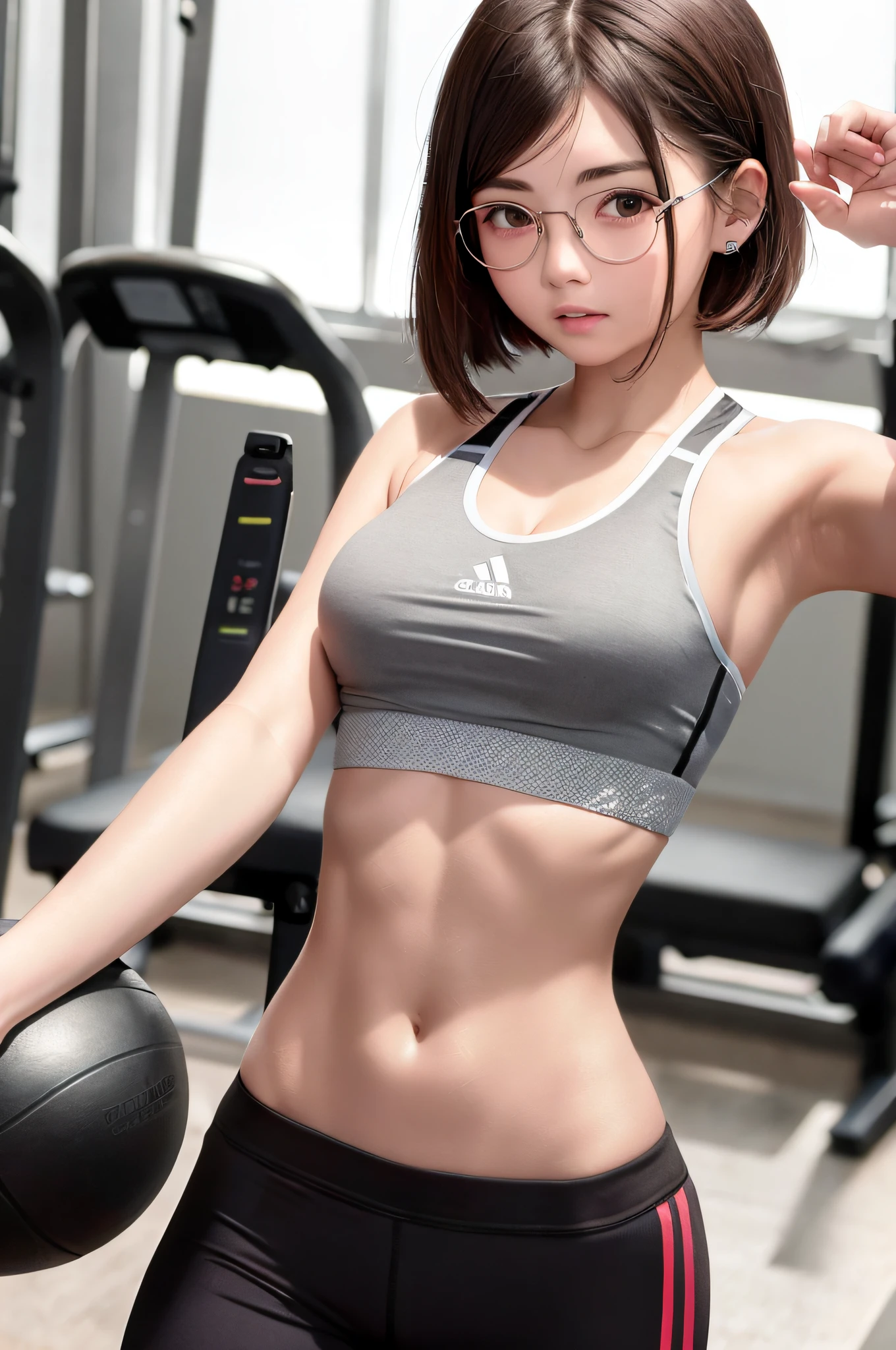 Holiday gym woman 18 years old, sports bra, workout clothes, breast size D cup, brown hair, bob hair, boston-shaped glasses,