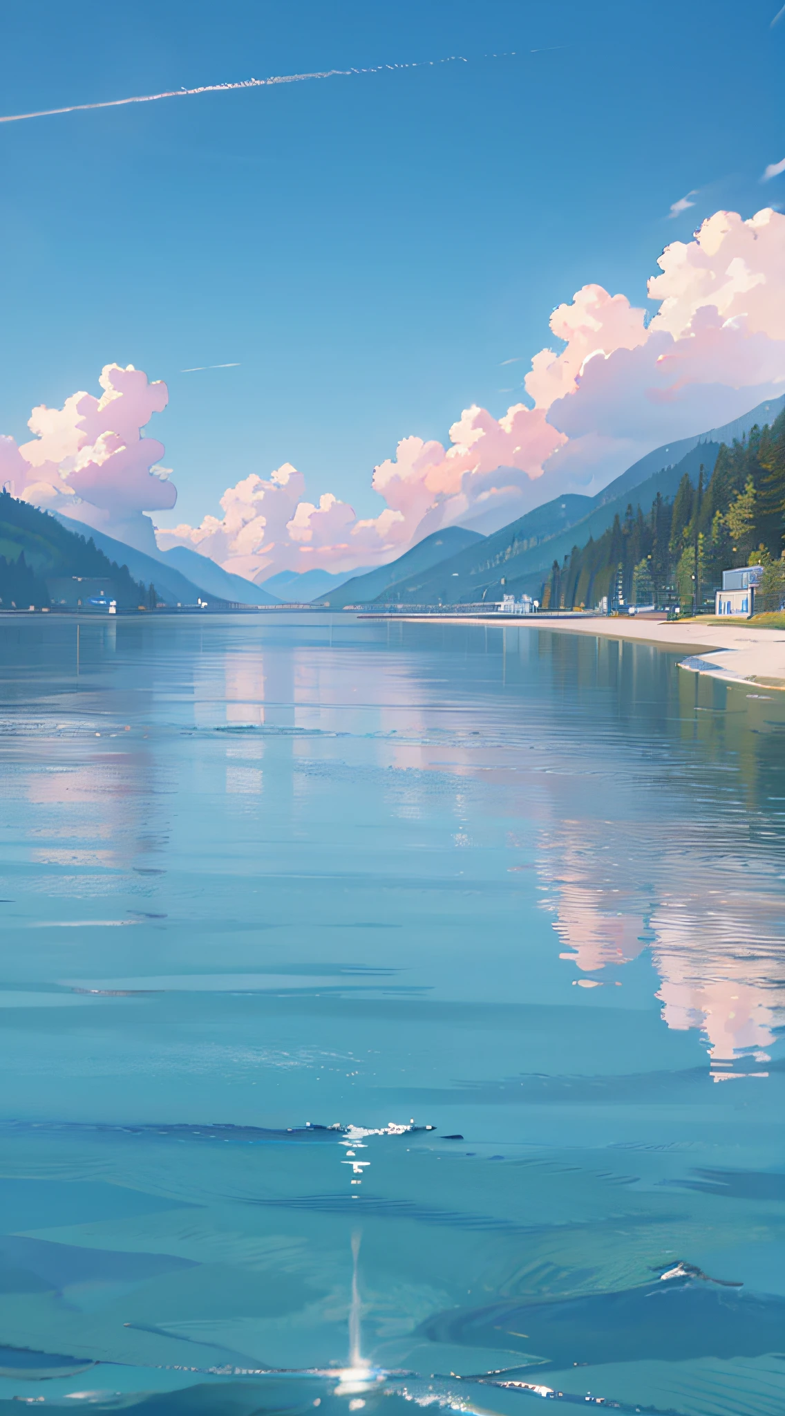 no humans, scenery, vanishing point, from below, masterpiece, best quality, 8k, absurdres, water surface, summer, noon, sunlight, blue sky, perspective, depth of field, highres, finely detail, ultra-detailed, sharp focus