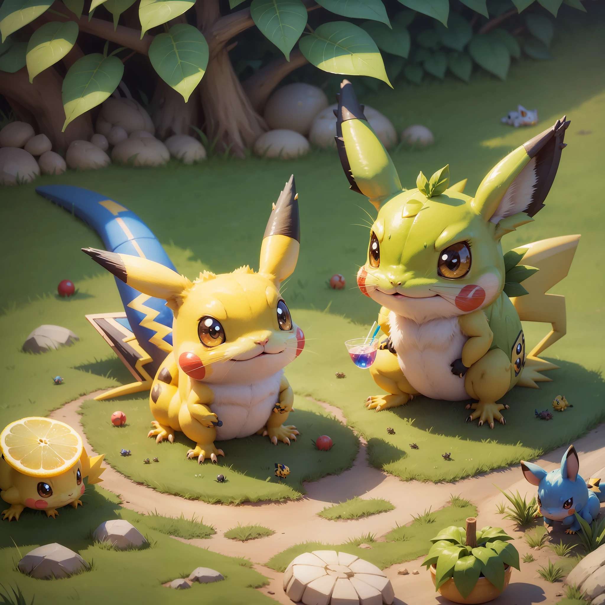 Pokemon Pikachu with lizards and drinks on the grass, Pikachu chasing lizards, illustration Pokemon, , Bread type Pokemon, Anime food, Cute Pokemon style, Pikachu concept art, Pikachu, cute mouse Pokemon, Sonic, Pikachu as a human, Bun), Pokemon, 🐿🍸🍋 ❤🔥🍄🌪 Mika Pikazo --auto --s2