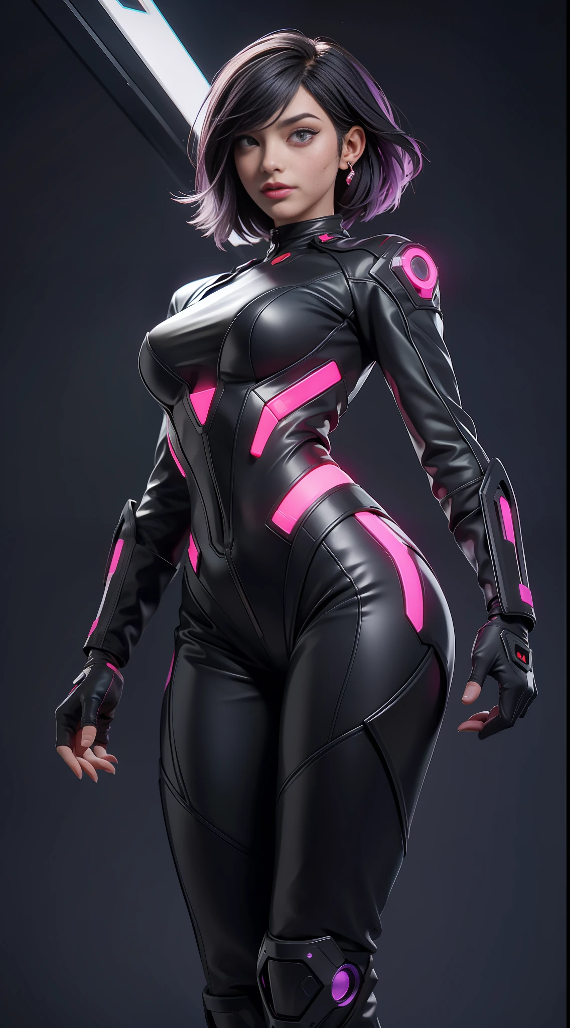 solo, super fine photo, portrait Unreal Engine 5 8K UHD of beautiful and aesthetic girl (girl: 1.3), gorgeous, grey short hair, red and black color scheme tight cybernetic latex catsuit, cyberpunk assassin, cyberpunk full face mask, earrings, cybernetic long heel, cybernetic long glove, futuristic design, purple neon lights details, beautiful make up, best quality, masterpiece, official art, unified 8k wallpaper, super detailed, sharp focus, dynamic pose, body parts, Power Rangers costume