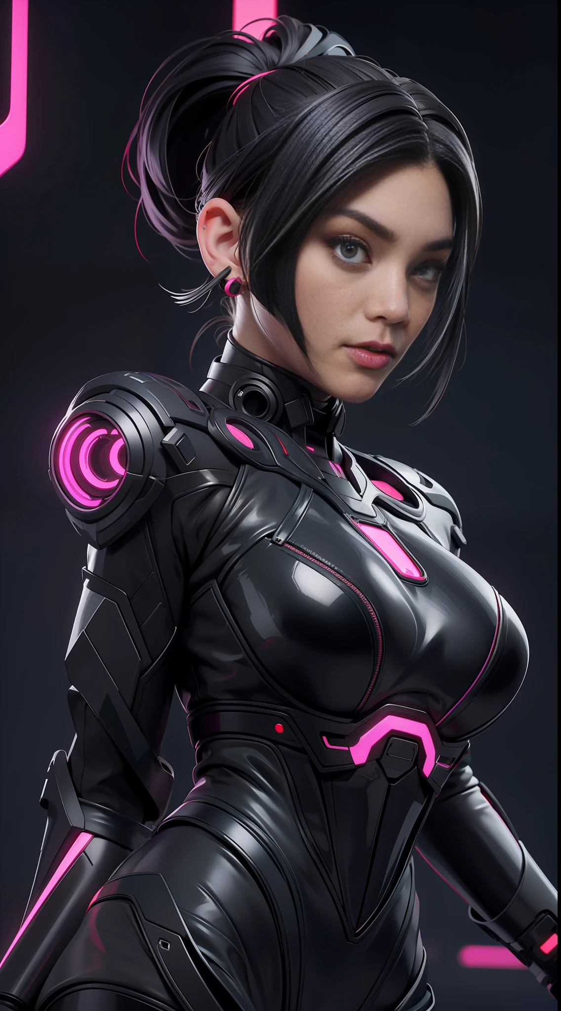 solo, super fine photo, portrait Unreal Engine 5 8K UHD of beautiful and aesthetic girl (girl: 1.3), gorgeous, grey short hair, red and black color scheme tight cybernetic latex catsuit, cyberpunk assassin, cyberpunk full face mask, earrings, cybernetic long heel, cybernetic long glove, futuristic design, purple neon lights details, beautiful make up, best quality, masterpiece, official art, unified 8k wallpaper, super detailed, sharp focus, dynamic pose, body parts.