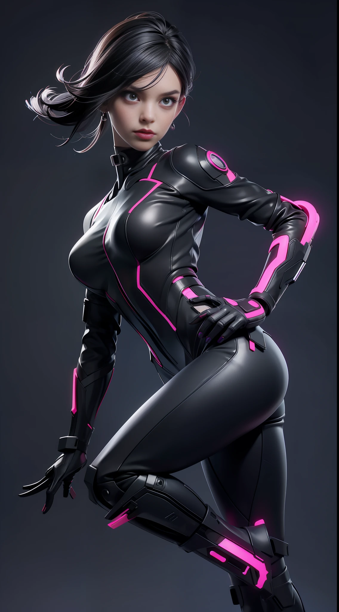 solo, super fine photo, portrait Unreal Engine 5 8K UHD of beautiful and aesthetic girl (girl: 1.3), gorgeous, grey short hair, red and black color scheme tight cybernetic latex catsuit, cyberpunk assassin, cyberpunk full face mask, earrings, cybernetic long heel, cybernetic long glove, futuristic design, purple neon lights details, beautiful make up, best quality, masterpiece, official art, unified 8k wallpaper, super detailed, sharp focus, dynamic pose, body parts.