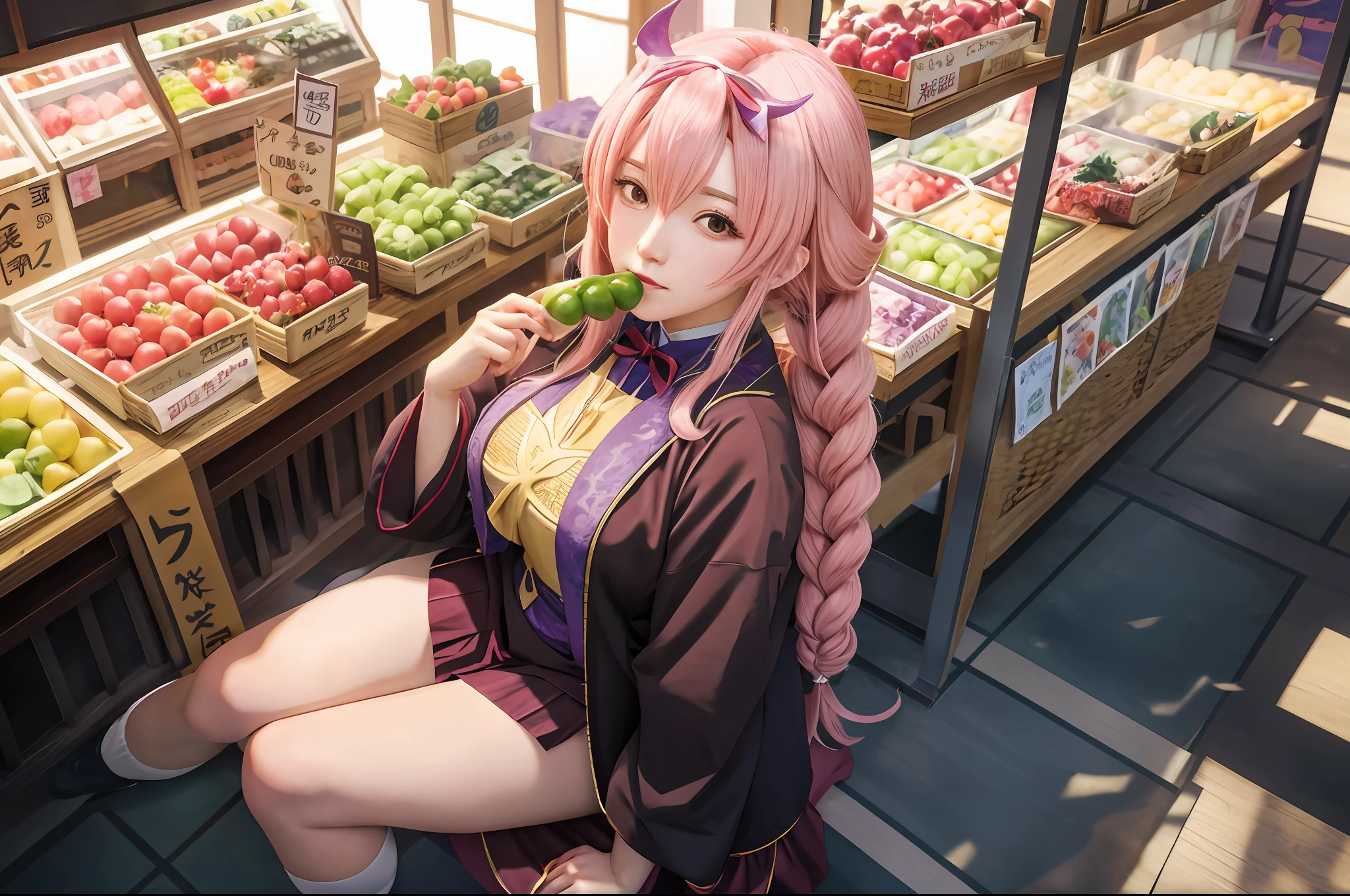 anime girl sitting in front of a display of fruits and vegetables, anime food, best anime 4k konachan wallpaper, demon slayer rui fanart, high quality anime artstyle, anime style 4 k, artwork in the style of guweiz, seductive anime girl, anime style. 8k, guweiz, alchemist girl, loli, anime artstyle, hyper realistic, best quality, hyper detailed