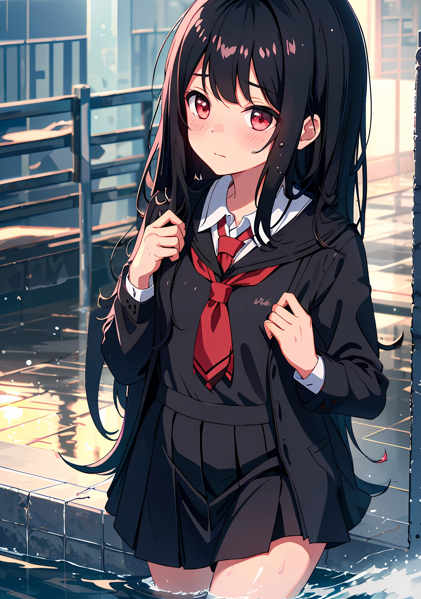 1girl, long black hair, schoolgirl uniform, shy, blush, wet, transparent cloth,(masterpiece, best quality), soft light, cinematic composition, cinematic light