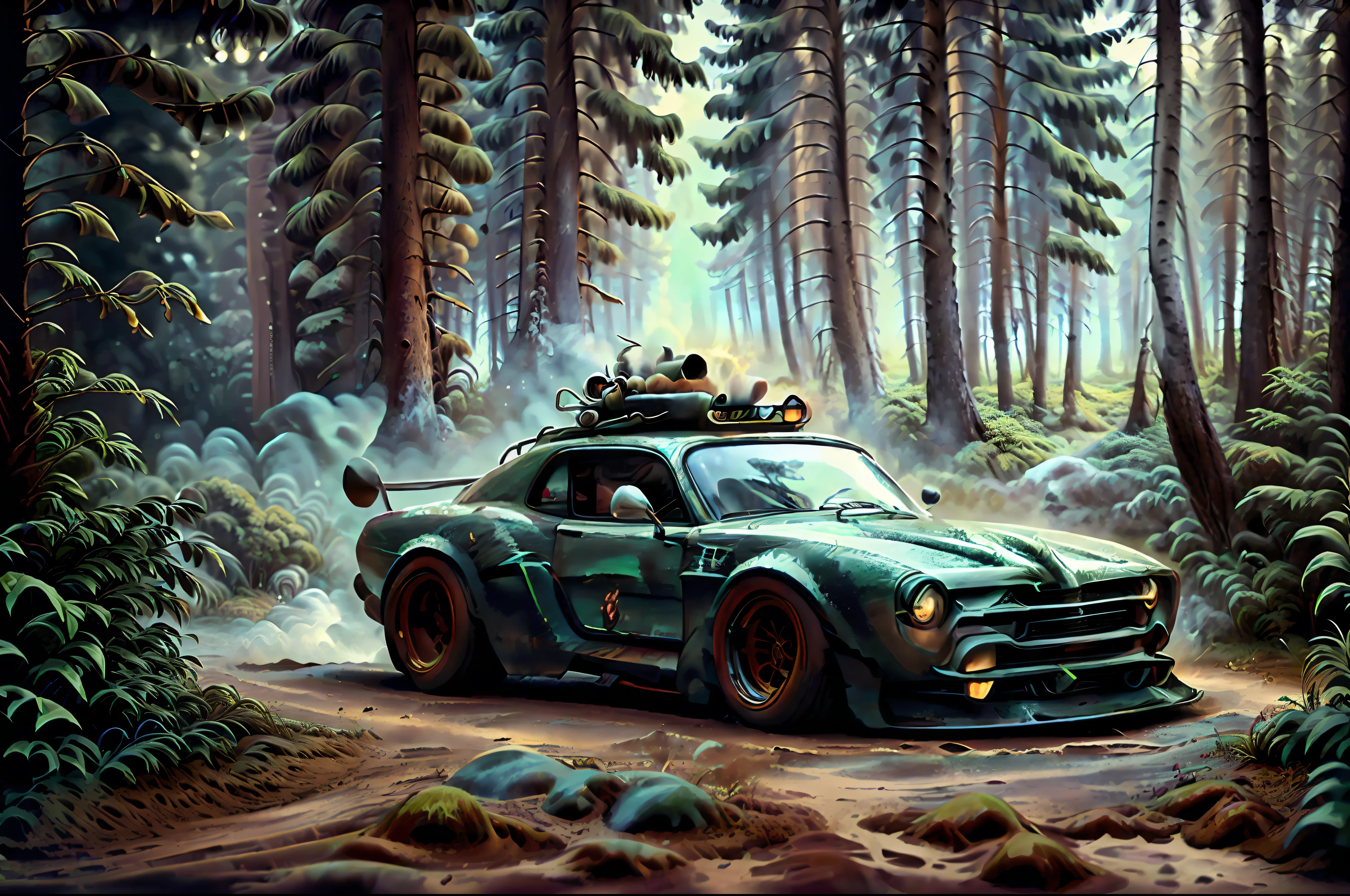 Sport car, riding on the old road, smoke into the wheels, ((very dynamic scene)), drifting, glowing, wonderful forest on the background, (photorealistic:1.5), (high quality:1.5), (masterpiece:1.5)