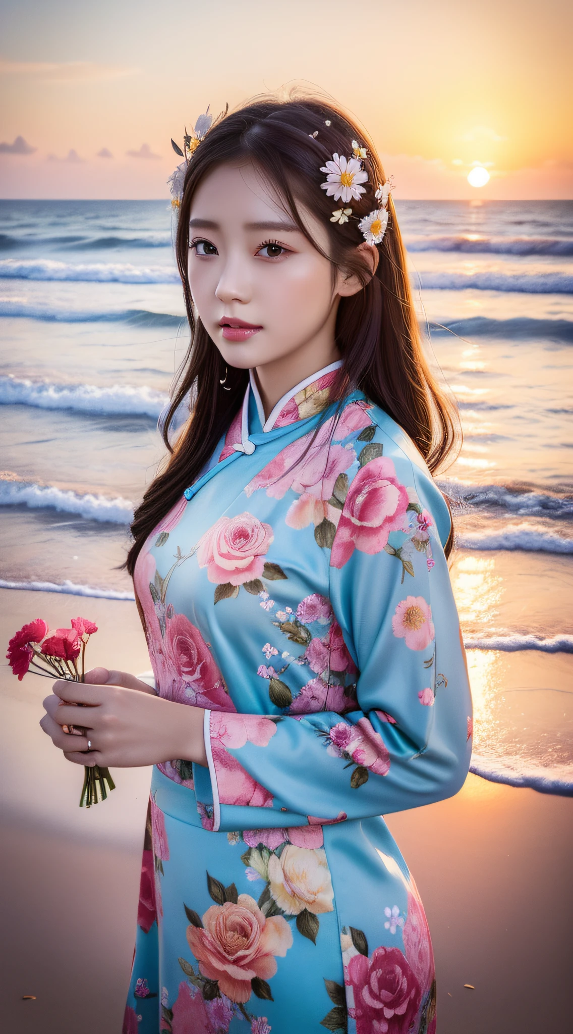 A girl with flowers in her hair, chinese girl, asian, seaside, sunset, 4K highly detailed digital art, beautiful digital artwork, beautiful art UHD 4k, beautiful digital illustration, gorgeous digital art, 4K detailed digital art, realistic digital art 4k, beautiful digital art, cute detailed digital art, stunning digital illustration, 8K high quality detailed art