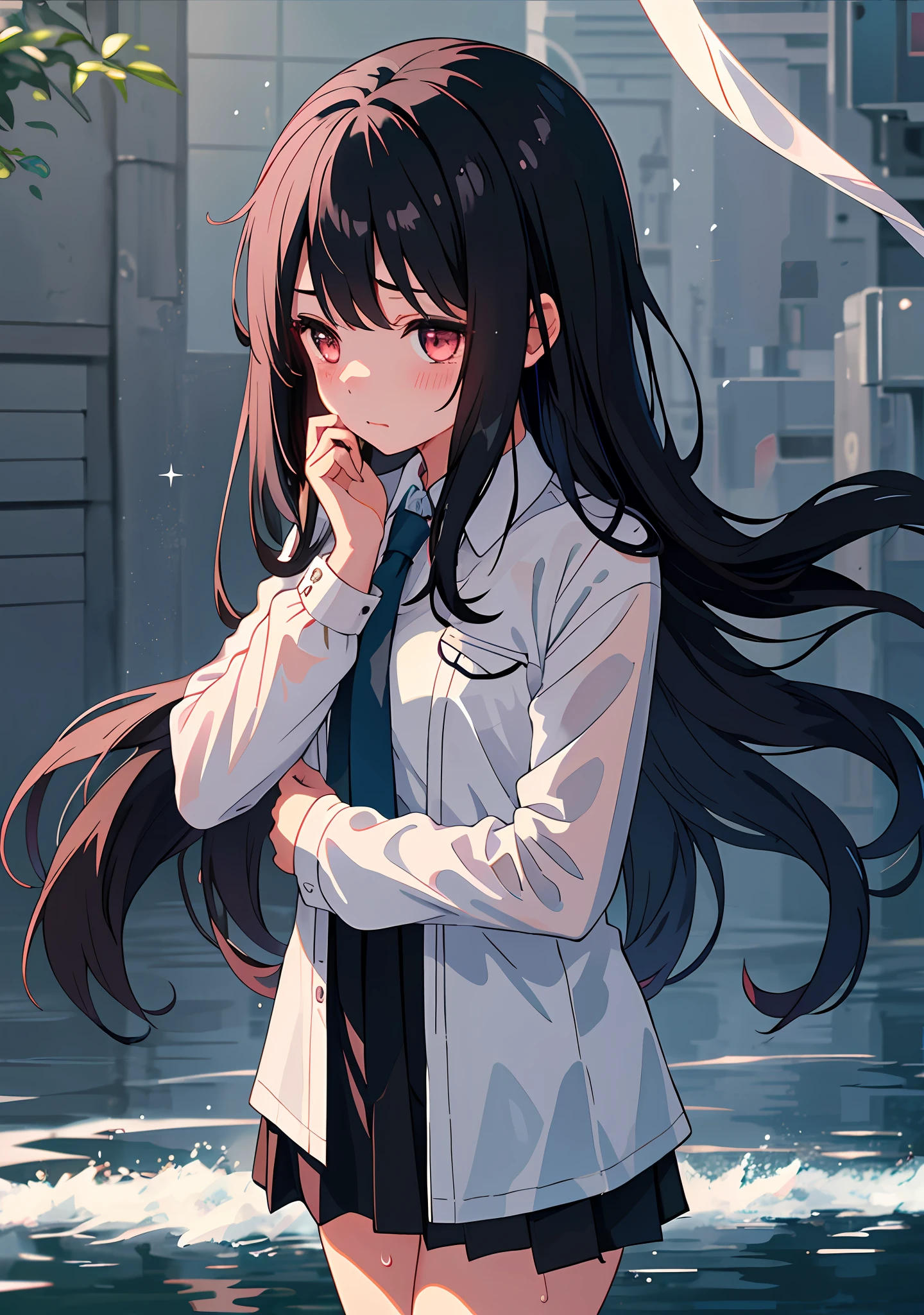 1girl, long black hair, schoolgirl uniform, shy, blush, wet, transparent cloth,(masterpiece, best quality), soft light, cinematic composition, cinematic light