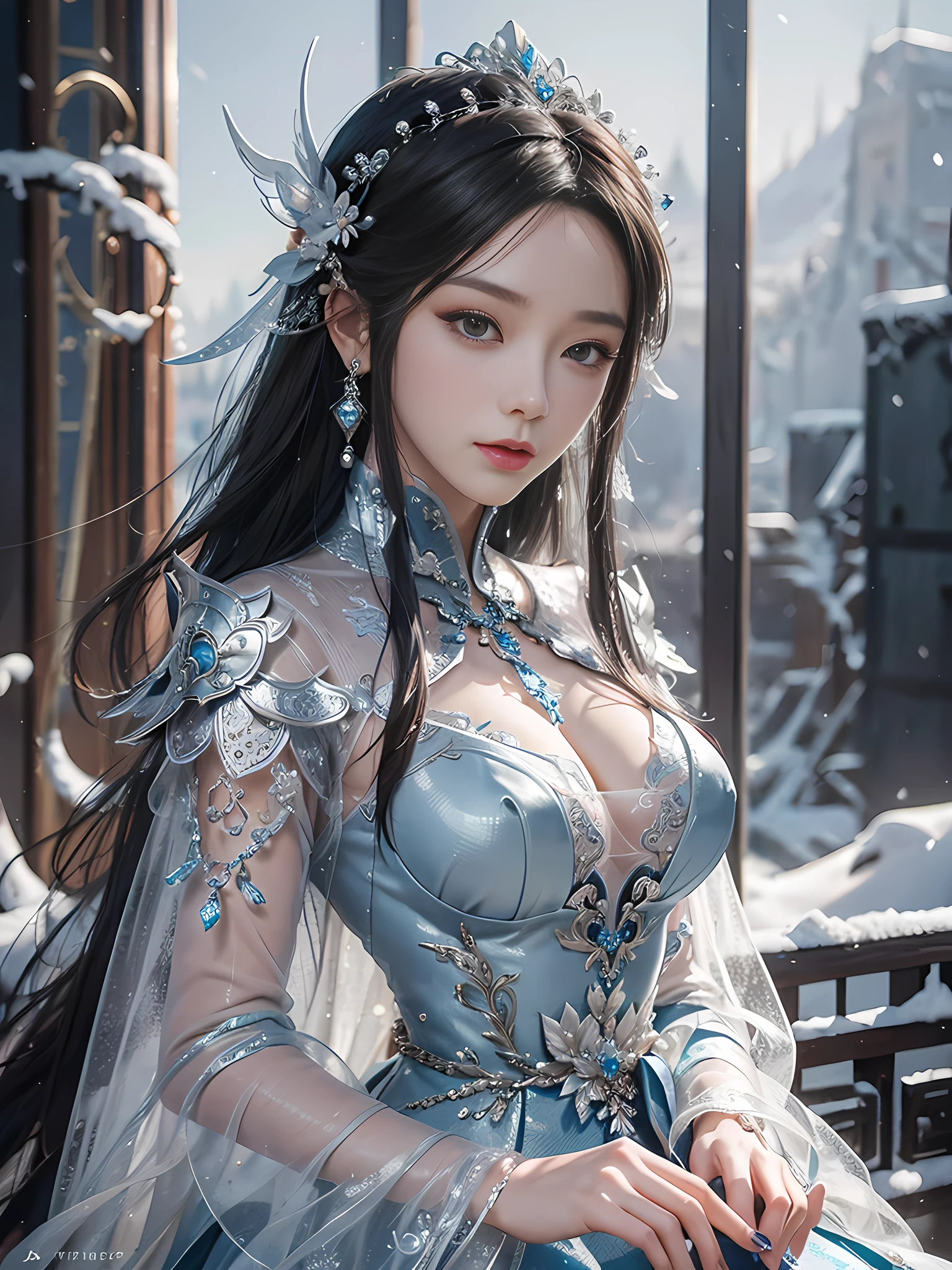 Close-up of a woman in a silver blue dress, Cheng Weipan Art Station, Xiuxian Technology Sense, Ice and Snow Beauty, Gauze Sleeves, Detailed Fantasy Art, Stunning Character Art, Epic Exquisite Character Art, Beautiful Armor, Extremely Detailed Art Sprout, Detailed Digital Animation Art, Art Station Pixiv on Artgerm, Armor Girl, Exquisite Intricate Headdress and Jewelry