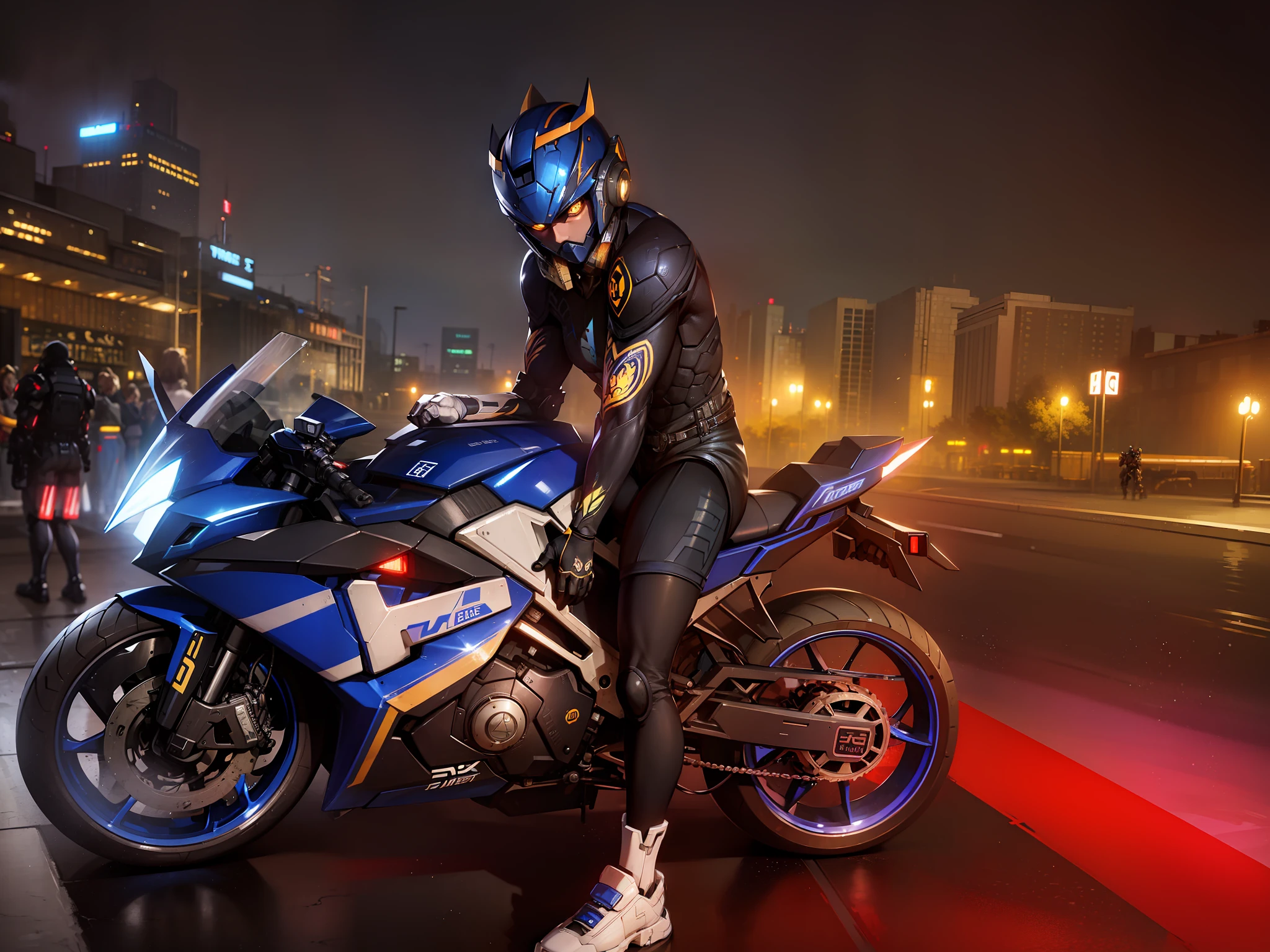 (Masterpiece: 1.2), Best Quality, High Score, Uniform 8k Wallpaper, (Illustration: 1.0), Beautiful Detailed, Very Detailed, Perfect Lighting, Very Detailed CG, Glowing Eyes, Backlight, Armor, Half-Body Mech, Shorts, Tattoo on Leg, Warframe, Humanoid Robot, Blue Helmet, Sample Background, Blue Locomotive, Weapon, blue_armor, Looking at the Audience, Solo, Perspective,