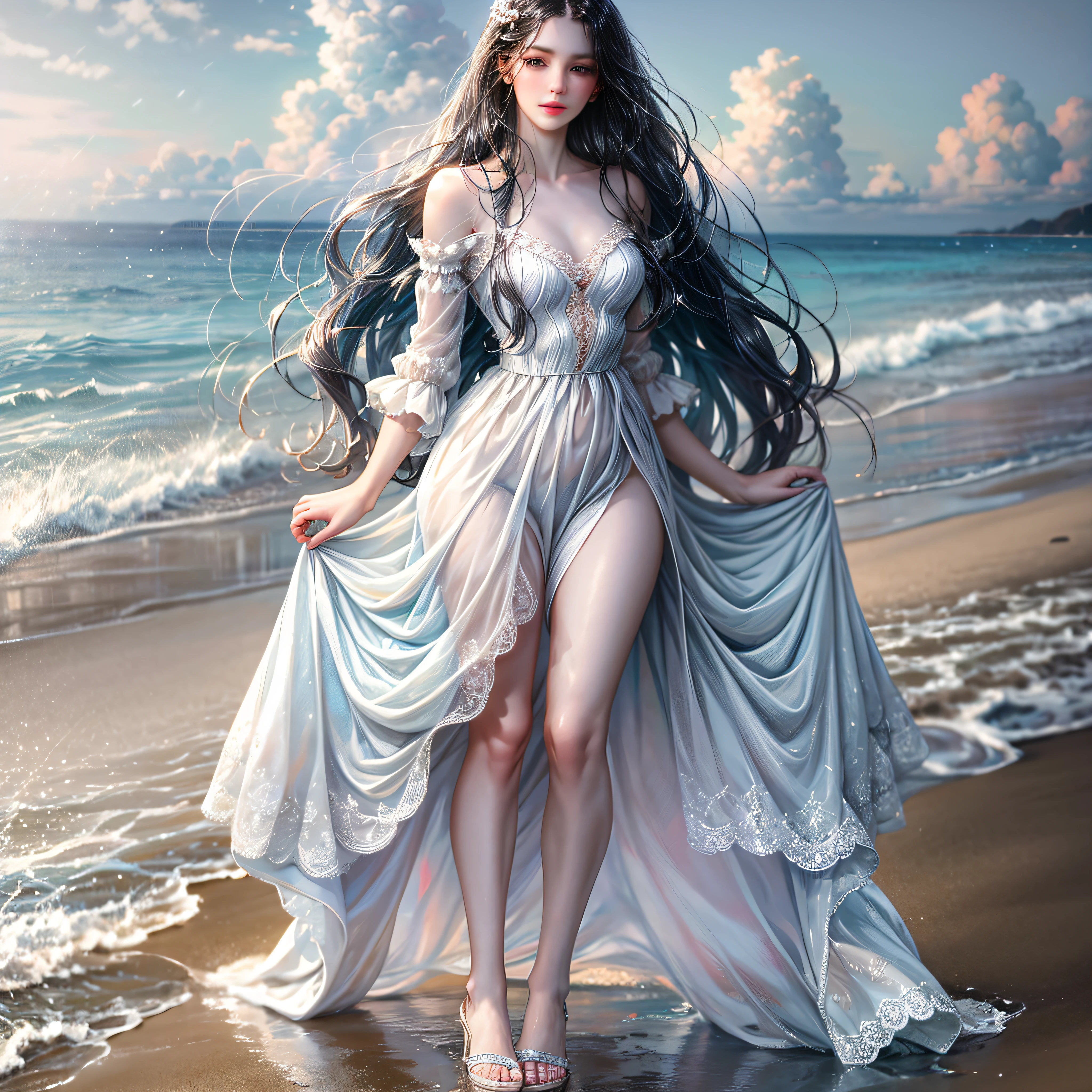 Girly, two-dimensional, beach, sea breeze, white long dress, white skin, long black hair --auto --s2