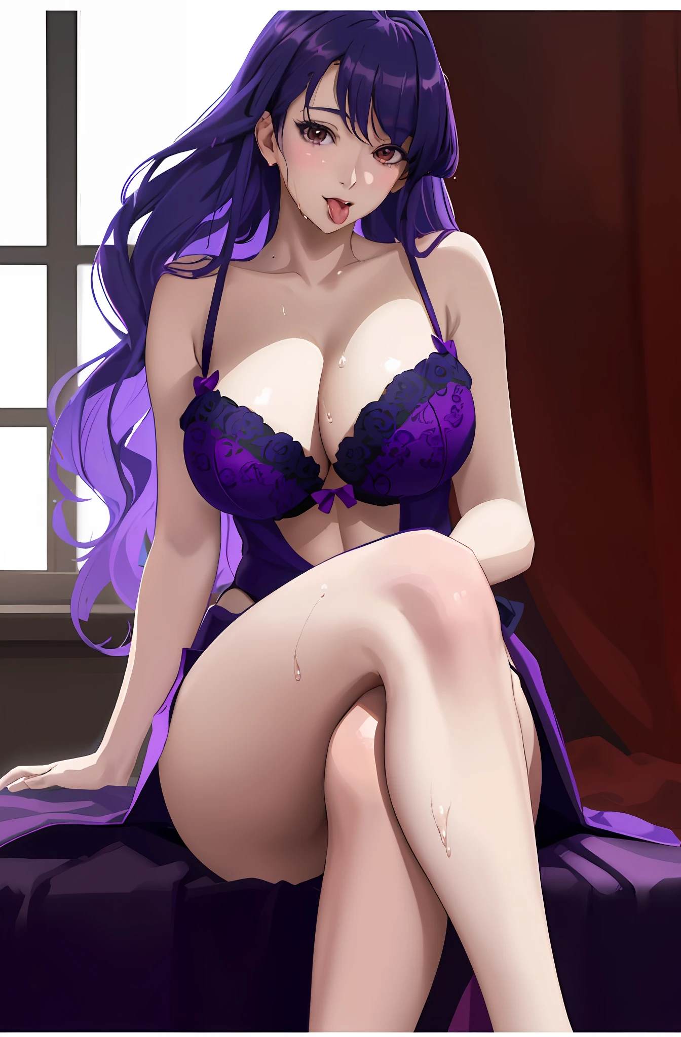 a close up of a person sitting on a bed with a purple dress, seductive anime girl, beautiful alluring anime woman, anime moe artstyle, shalltear from overlord, beautiful alluring anime teen, smooth anime cg art, misato katsuragi, anime goddess, made with anime painter studio, huge breasts,contemptuous face,best quality, ultra high res, (photorealistic:1.4), 8k resolution, girl, (brown random hair:1.3), (realistic hair:1.2), (Korean girl:1.2), (realistic eyes:1.2), (beauty face:1.3), perfect body, white pale skin, big breast, cleavage, (tongue out and mouth open:1.2), (eyes looked up:1.3), (wet body and thong:1.2), super wet body by the white liquid, tongue with white liquid