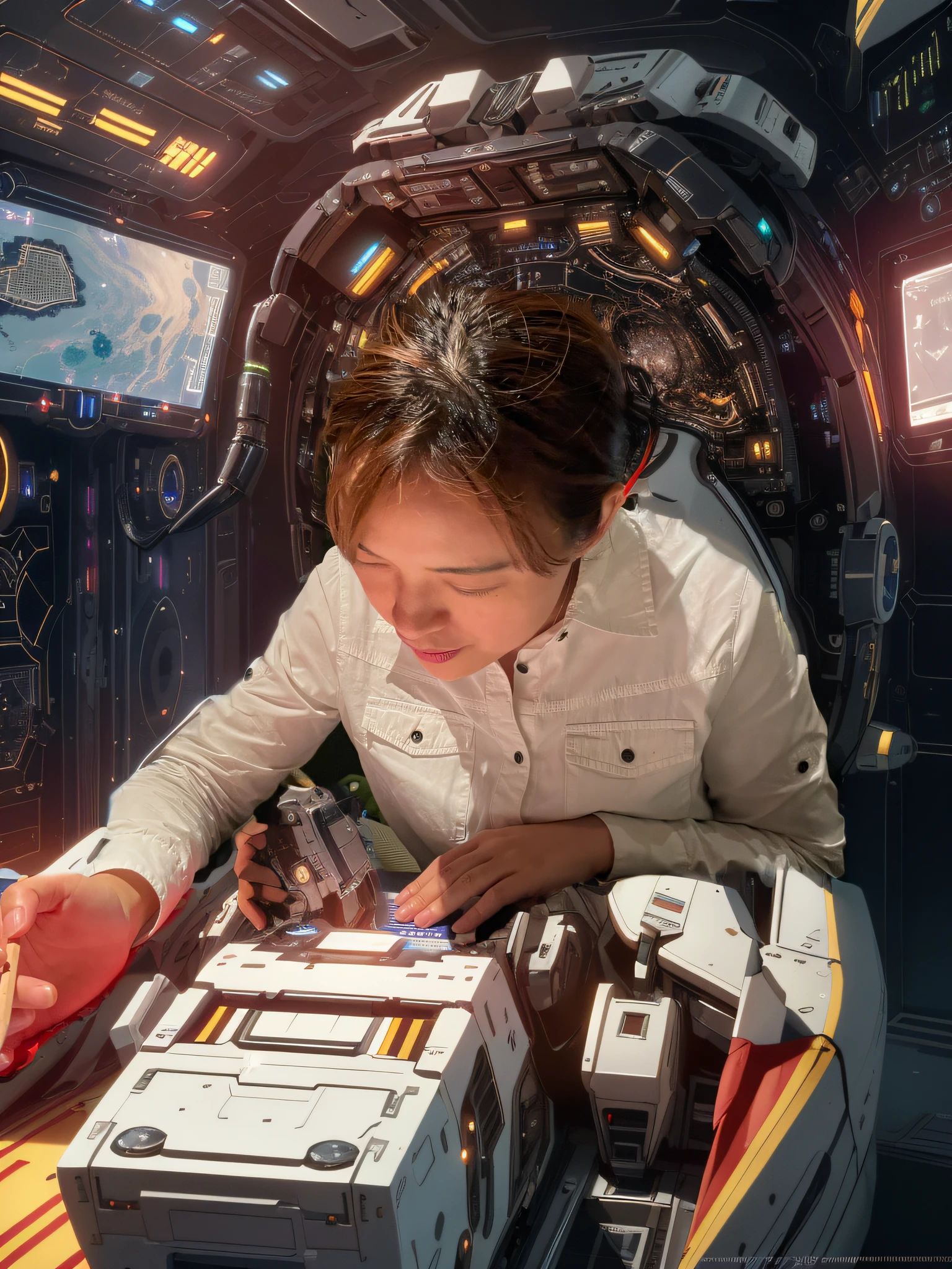 (Extremely detailed CG Unity 8k wallpapers, masterpiece, best quality, super detailed), (spacecraft interior, cockpit operation, deployment), (illuminated buttons, futuristic interface, high-tech equipment), (pulsed lights, dynamic angles, immersive experience), with console operation