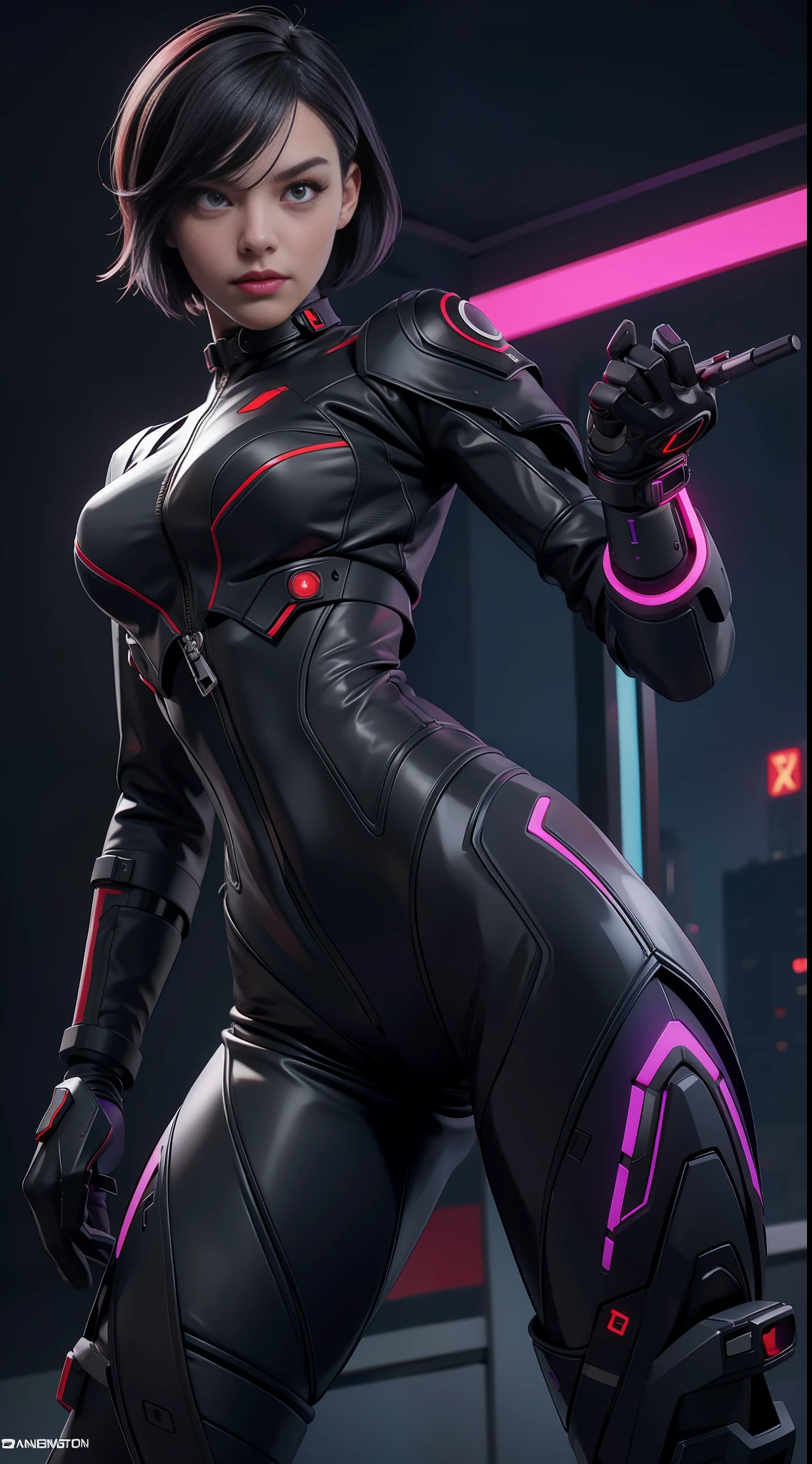 solo, super fine photo, portrait Unreal Engine 5 8K UHD of handsome boy, gorgeous, grey short hair, red and black color scheme tight cybernetic latex catsuit, cyberpunk assassin, cyberpunk full face mask, cybernetic boots, cybernetic long glove, futuristic design, purple neon lights details, best quality, masterpiece, official art, unified 8k wallpaper, super detailed, sharp focus, dynamic pose, body parts.