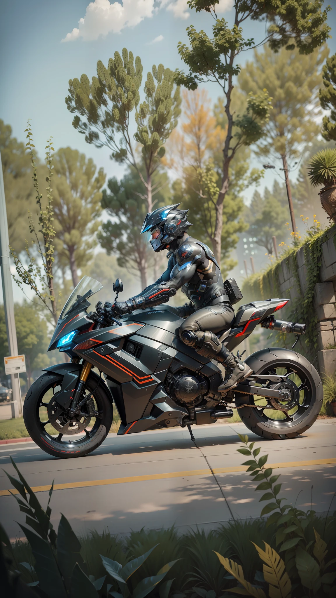 Cyber Male Warrior and Cyber Tech Mechanical Motorcycle, Mighty Male Warrior, Exhaust Pipe, Full Surround Helmet, No Faceless, Nousr, Biomechanics, MSHN Robot Man, Cyber Tech Full Surround Helmet, Surreal, Steel, Intricate Design, Crazy Detail, Fine Detail, Extremely Clear Lines, Cinematic Lighting, Photo Realistic, Detailed Masterpiece