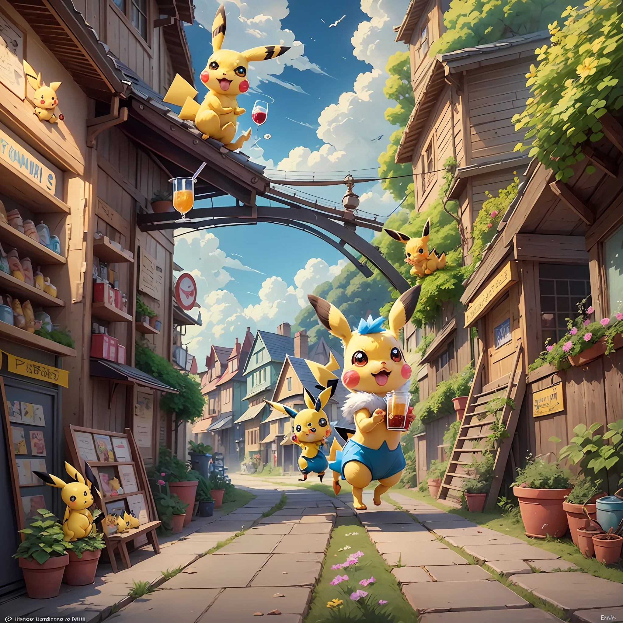 Pokemon Pikachu with Elves and Drinks on the Hill, Pikachu Pulling Genie, Illustration Pokemon, , Bread Type Pokemon, Anime Food, Cute Pokemon Style, Pikachu Concept Art, Pikachu, Cute Mouse Pokemon, Sonic, Pikachu as Human, Bun), Pokemon, 🐿🍸🍋 ❤🔥🍄🌪 Mika Pikazo --auto --s2