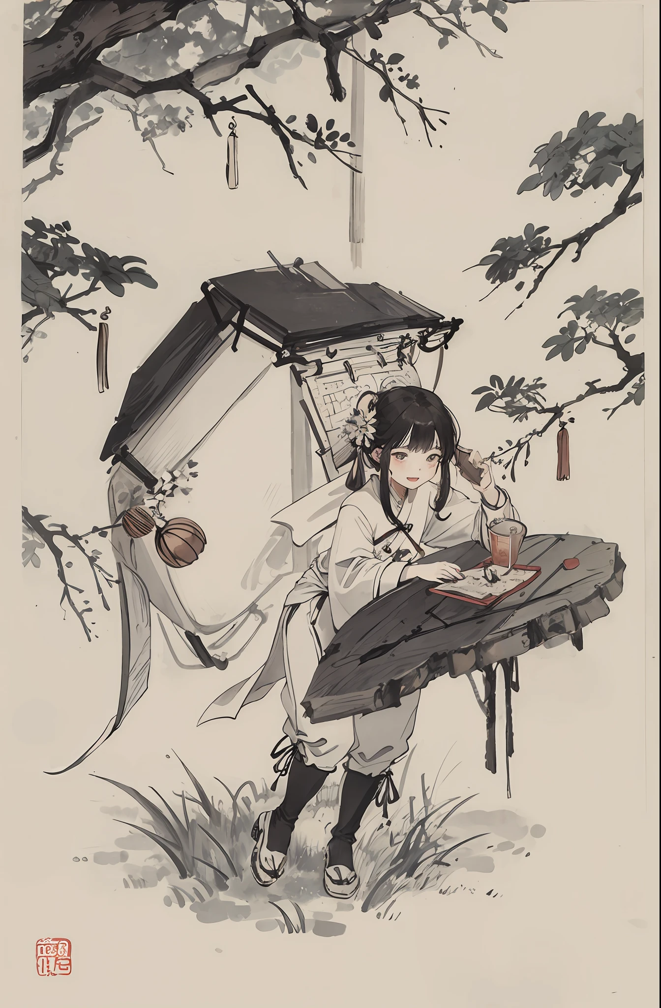 (Masterpiece, best quality: 1.2), traditional Chinese ink painting, bluegrass, a plant