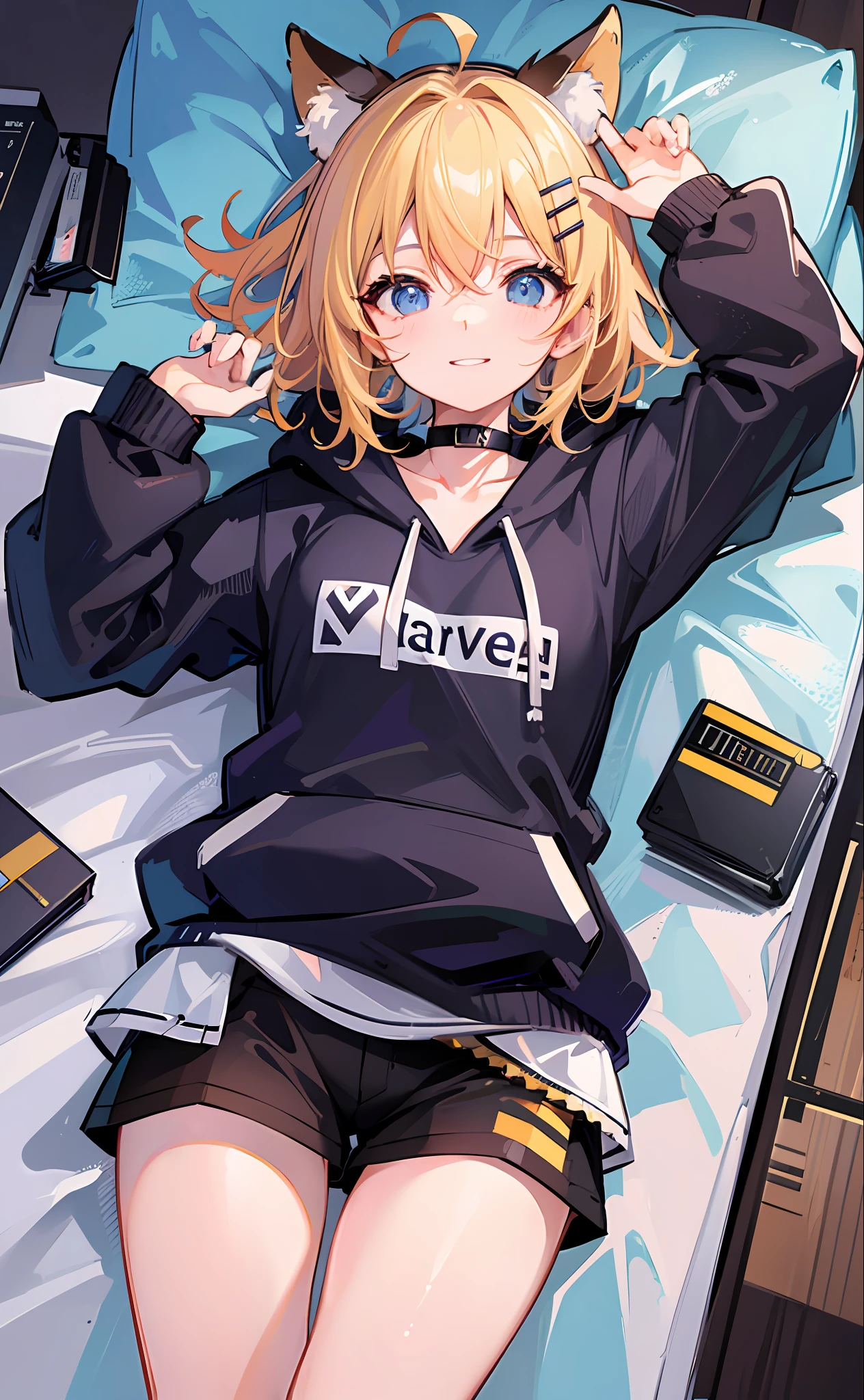 (Masterpiece), (Best Quality), (Illustration), (Ultra Detailed), (High Resolution), Perfect Anatomy, Absurdity, One Girl, (Kagamine_Rin), (Vocaloid), Short Hair, Hair Clips, Big Smile, (Blonde), Very Cute Girl, Small, Young, Delicate, Attention to Girl, Bedroom, Cute, She, Smile, Best Moment, , Blue Eyes, Bright Eyes, lively eyes, cute, standing, thighs, sweet, innocent, love love, love viewer, clean skin, beautiful body, cute face, delicate arms, boyfriend gaze, lively eyes, neat, bare legs, dabo dabo hoodie, perfect hood, white hoodie, black shorts, beautiful girl, blue sky, full of energy, best girlfriend, happiness, cat ears, lying on bed, lying on bed