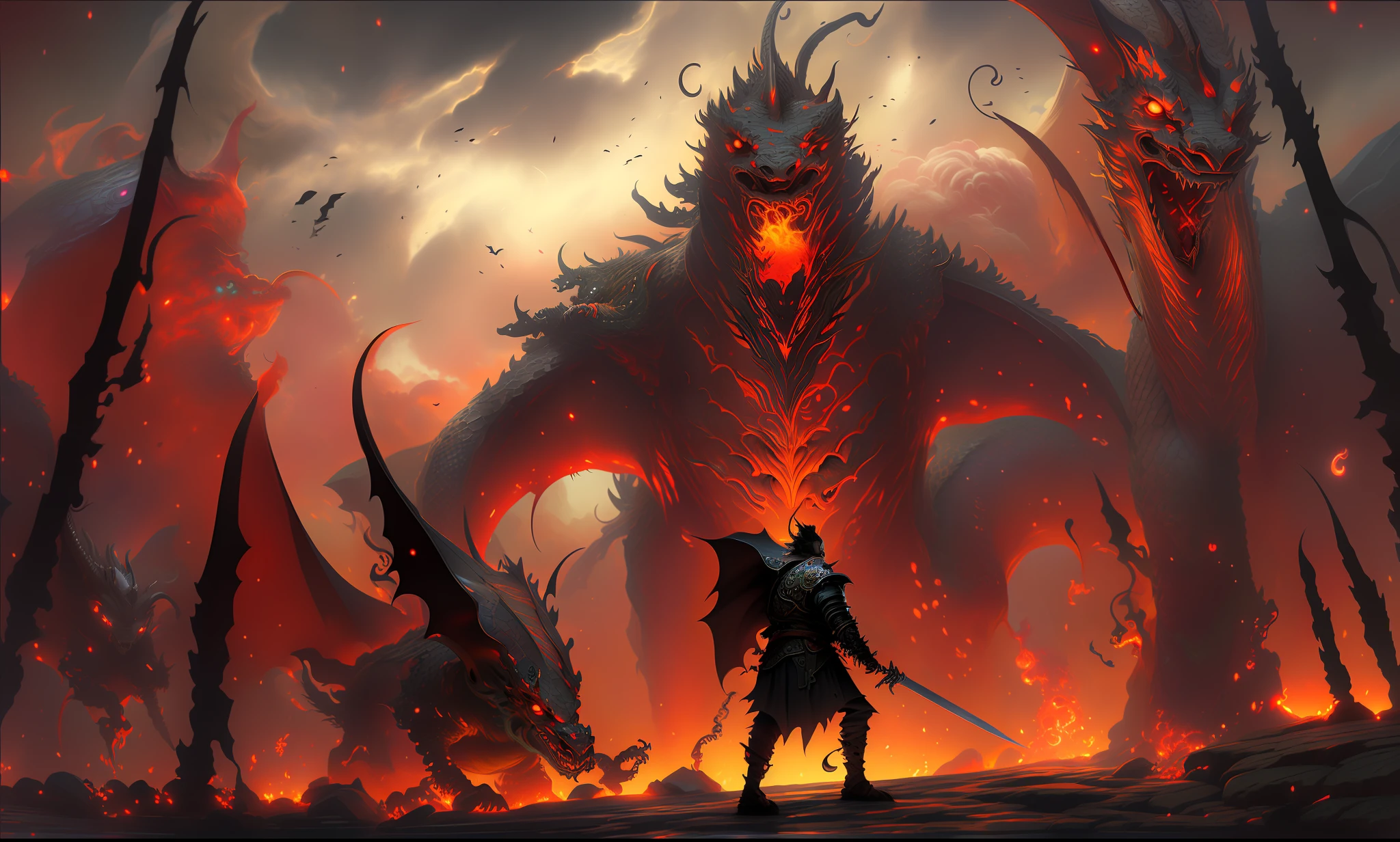 demonic creature with sword and armor in front of a fire, battle with dragon, the devil in hell as a dragon, dungeon and dragons art, epic fantasy artwork, fighting a dragon, colossal dragon in background, epic fantasy game art, epic fantasy illustration, epic fantasy card game art, dungeons and dragons fantasy art, epic rpg artwork, dark souls art