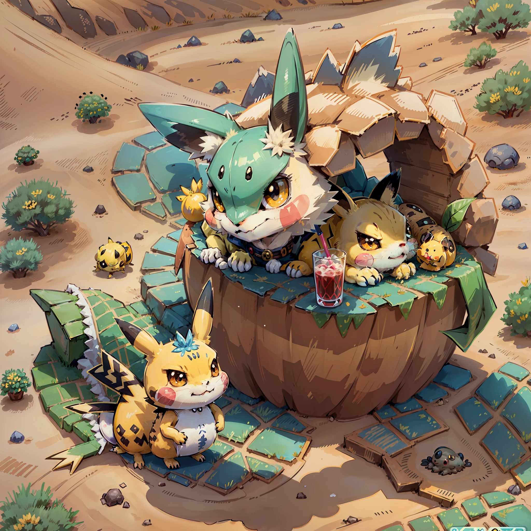 Pokemon Pikachu with Lizards and Drinks in the Desert, Pikachu Chasing Lizards, Illustration Pokemon, , Bread Type Pokemon, Anime Food, Cute Pokemon Style, Pikachu Concept Art, Pikachu, Cute Mouse Pokemon, Sonic, Pikachu as Human, Buns), Pokemon, 🐿🍸🍋 ❤🔥🍄🌪 Mika Pikazo --auto --s2