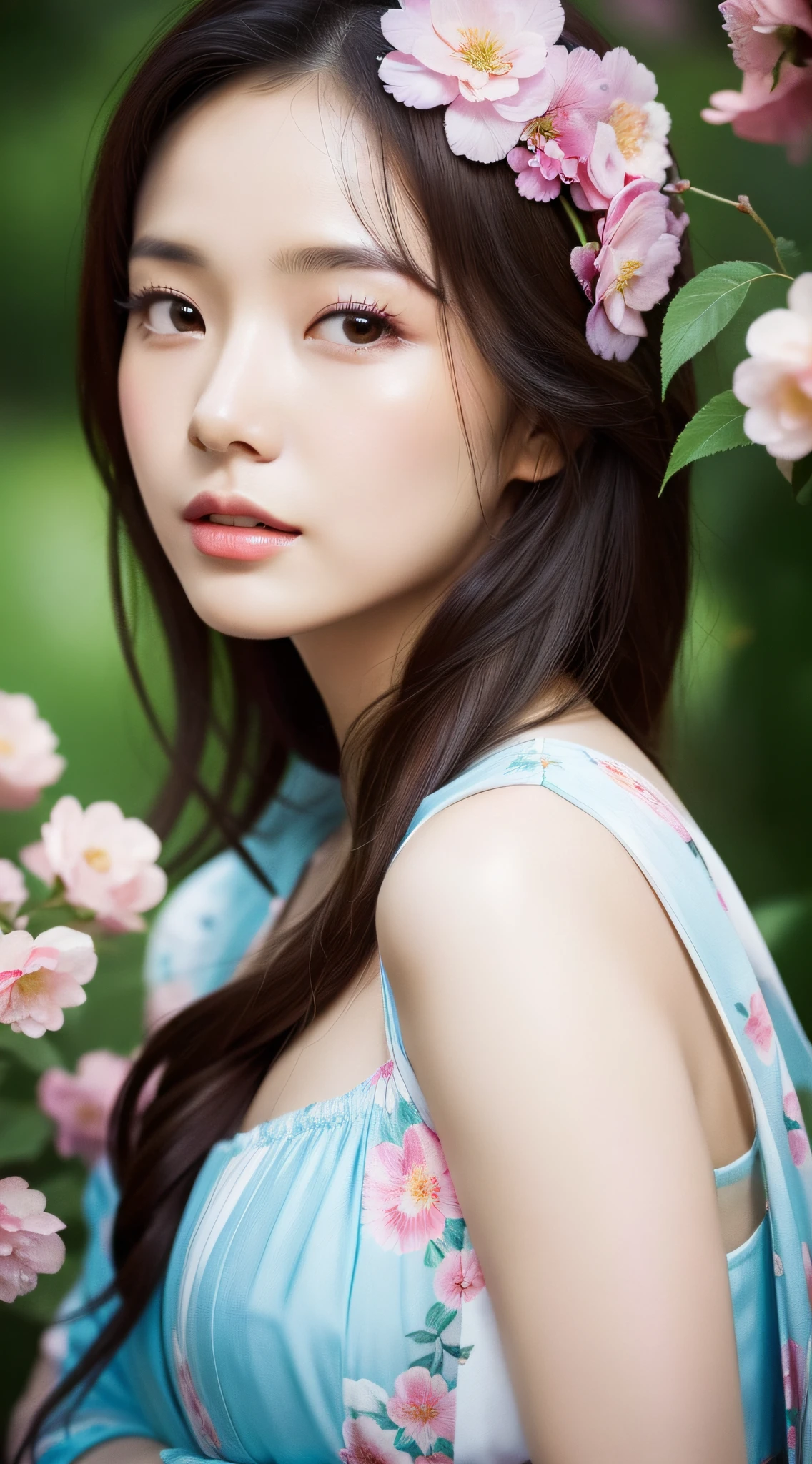 Close up of a woman with flowers in her hair, chinese girl, asian, 4K highly detailed digital art, beautiful digital artwork, beautiful art UHD 4K, beautiful digital illustration, gorgeous digital art, 4K detailed digital art, realistic digital art 4K, beautiful digital art, cute detailed digital art, stunning digital illustration, 8K high quality detailed art