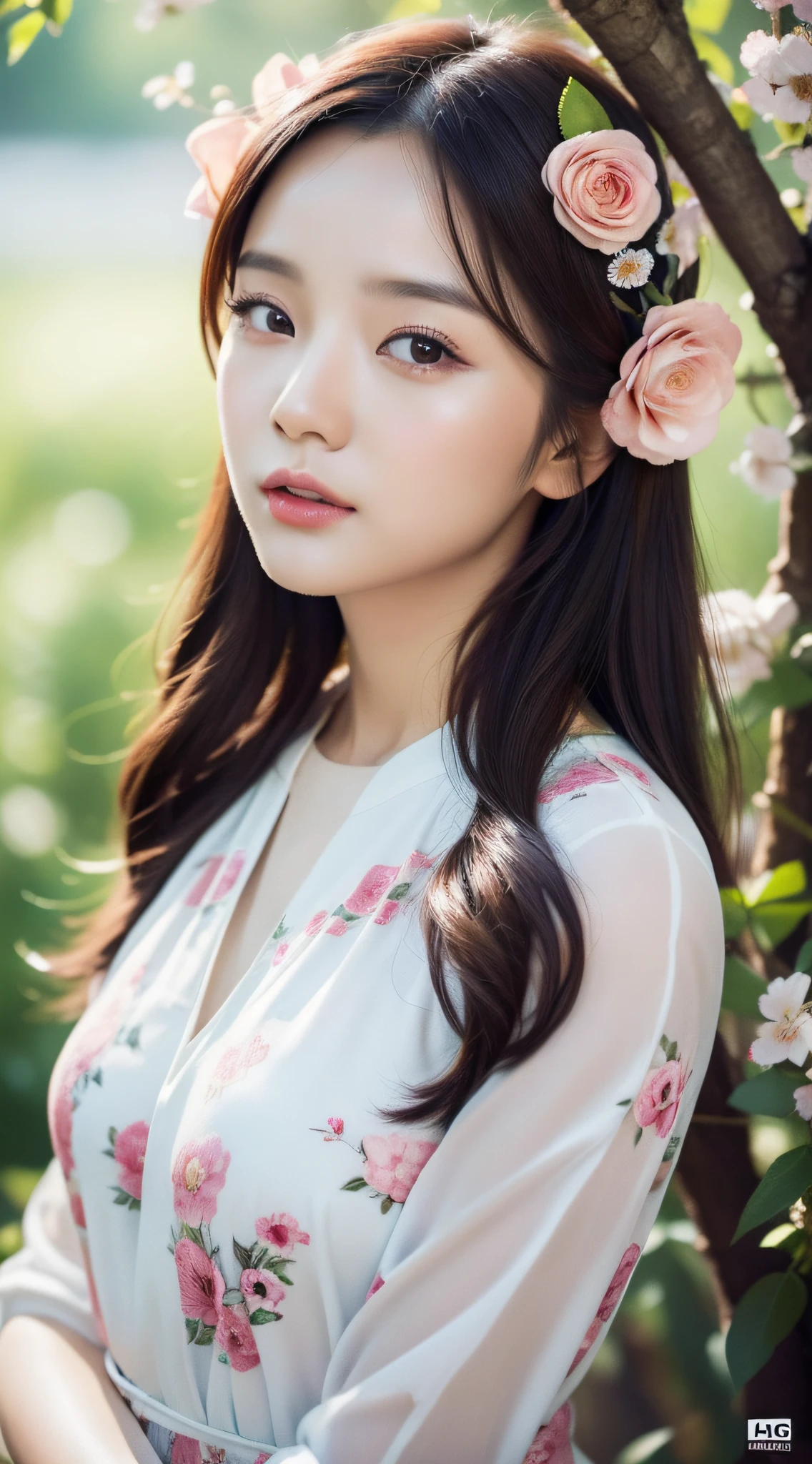 Close up of a woman with flowers in her hair, chinese girl, asian, 4K highly detailed digital art, beautiful digital artwork, beautiful art UHD 4K, beautiful digital illustration, gorgeous digital art, 4K detailed digital art, realistic digital art 4K, beautiful digital art, cute detailed digital art, stunning digital illustration, 8K high quality detailed art