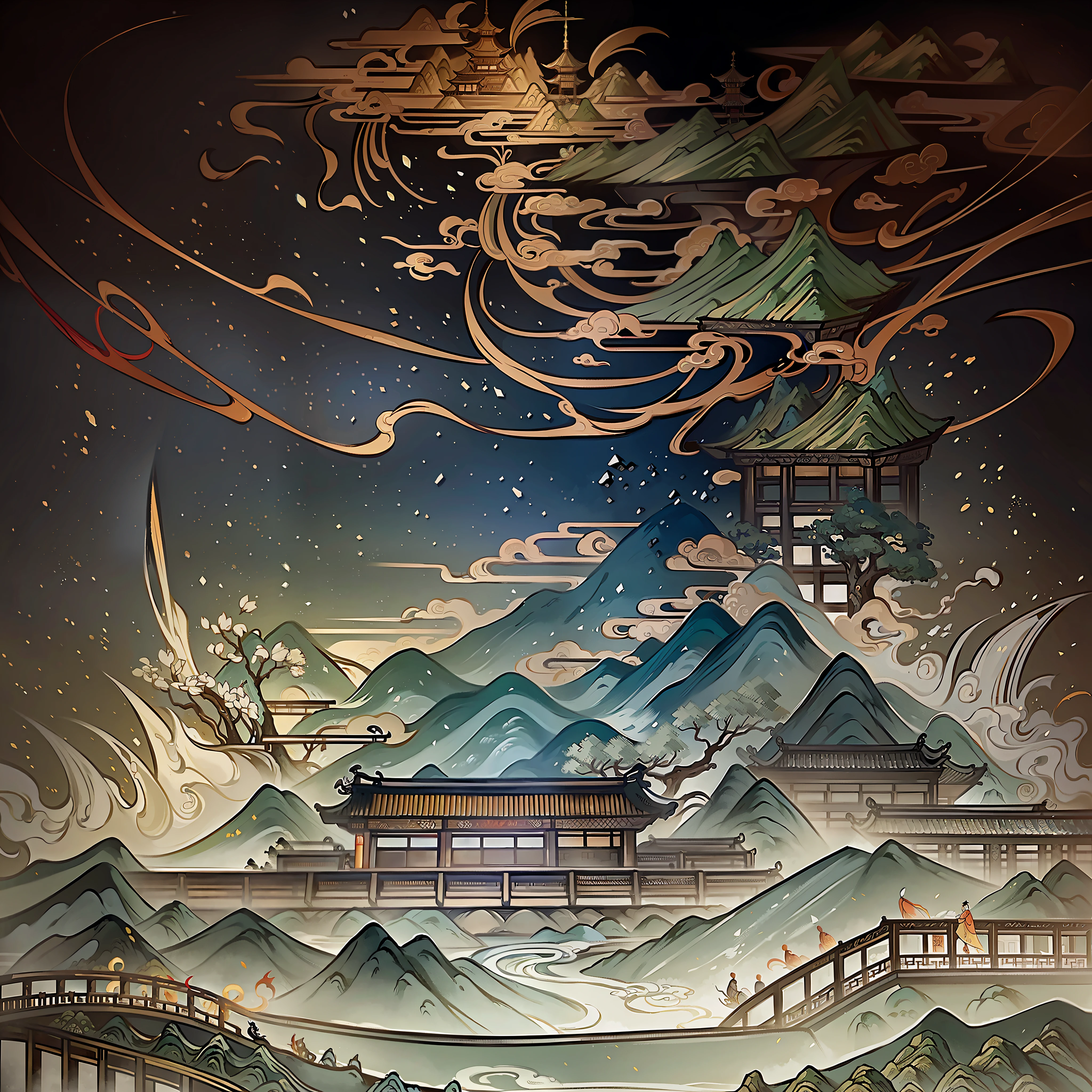 An ancient Chinese painting, ancient Chinese background, mountains, rivers, auspicious clouds, pavilions, sunshine, masterpieces, super detail, epic composition, ultra HD, high quality, extremely detailed, official art, unified 8k wallpaper, Super detail, 32k -- v 6