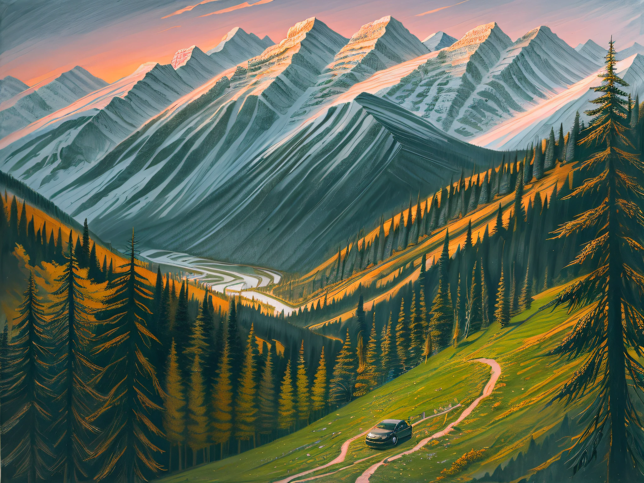 Car through mountains, dusk view, mountains, forest, hills, mountain view, Canadian mountain view, spring and summer, landscape illustration, overlook