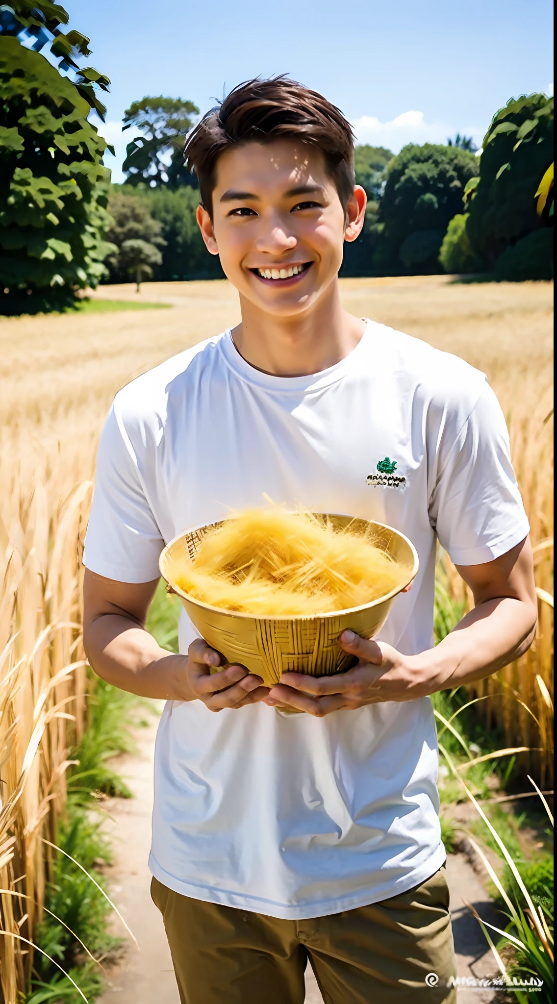 Best Quality, Ultra High Resolution, (Realistic:1.4), Masterpiece, Blurred Background ,Muscle, Solo, 1 Boy, Young , Standing, White Skin, Shirt, Posing, Facial Focus, Smile, Shut Up, (in Golden Rice Paddie)