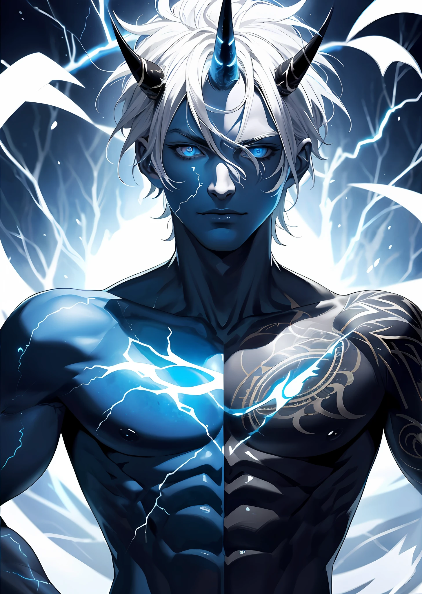 8k, complex, elegant, highly detailed, majestic, digital photography, surrealist painting, beating magic, winding lightning, (masterpiece, side light, fine beautiful eyes: 1.2), HDR, (glowing blue eyes)), naked upper body, (glowing tattoo), handsome boy, white hair, muscles, black skin, demon horn, raining, handsome, facing the camera, masterpiece