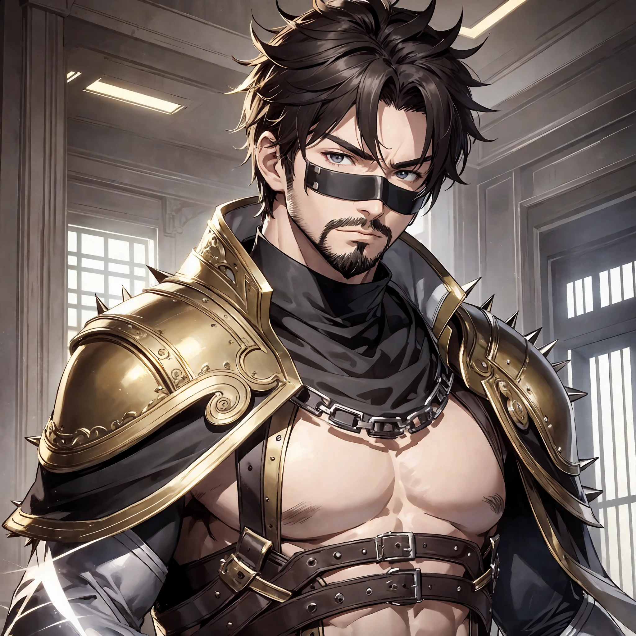 masterpiece, best quality, 1man, adult, older male focus, facial hair, solo, short spiky brown hair, vibrant black eyes, gloves, looking at viewer, cape, High quality metal texture, semi metal armor, closed mouth, metallic gloves, upper body, bangs, high collar,(kbxll:0.6), Fantasy aesthetics, Highly detailed, well built, muscle. shadowverse style --auto --s2