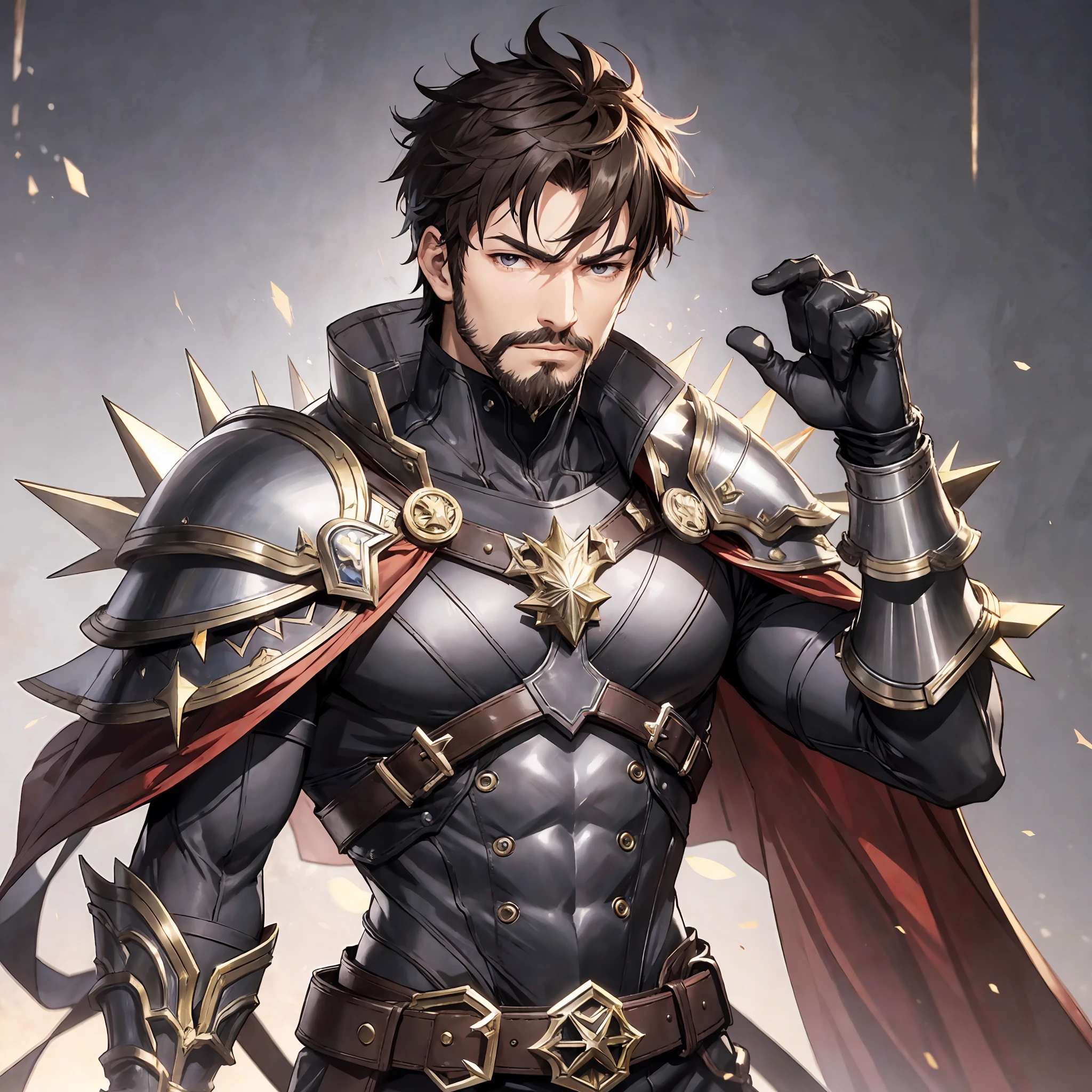 masterpiece, best quality, 1man, adult, older male focus, facial hair, solo, short spiky brown hair, vibrant black eyes, gloves, looking at viewer, cape, High quality metal texture, semi metal armor, closed mouth, metallic gloves, upper body, bangs, high collar,(kbxll:0.6), Fantasy aesthetics, Highly detailed, well built, muscle. shadowverse style --auto --s2