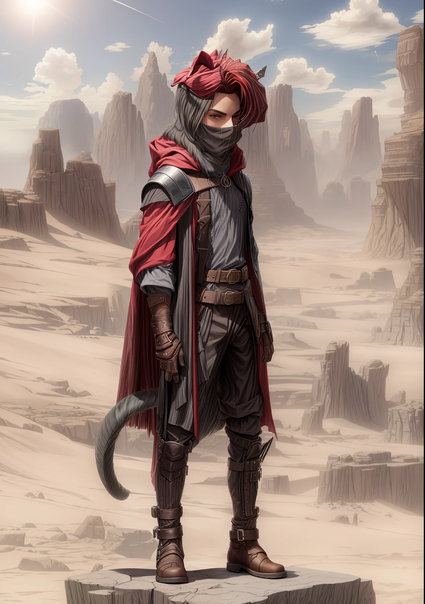 There's a man in a red cape and black pants standing on a rock, desert nomad, Desert Fighter Ancient Mage, Bedouin portrait D&D, senior concept artist, Tiefling Rogue, epic scifi character art, Trendin on Artstation, beautiful full-body concept art, Silvain Sarrail, award-winning conceptual artist, full-body CGsociety (add_detail:1)