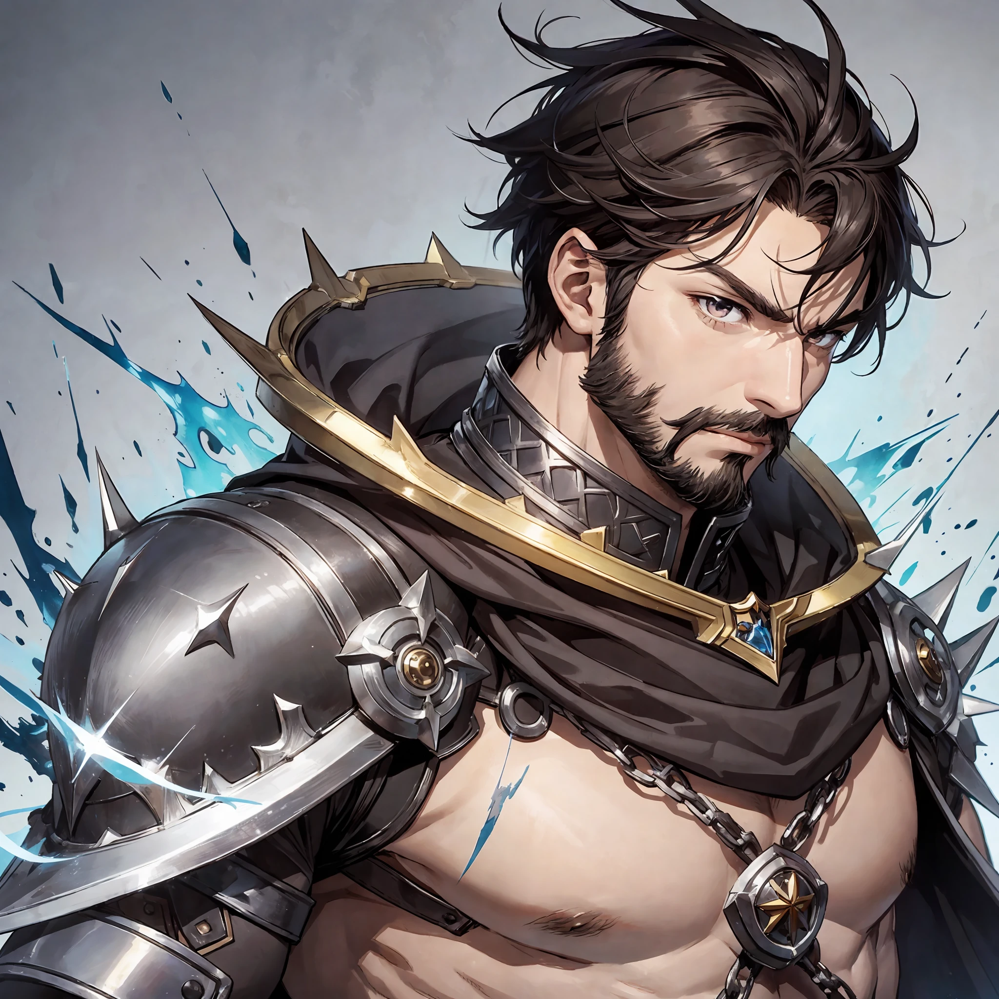 masterpiece, best quality, 1man, adult, older male focus, facial hair, solo, short spiky brown hair, vibrant black eyes, gloves, looking at viewer, cape, High quality metal texture, semi metal armor, closed mouth, metallic gloves, upper body, bangs, high collar,(kbxll:0.6), Fantasy aesthetics, Highly detailed, well built, muscle. shadowverse style --auto --s2