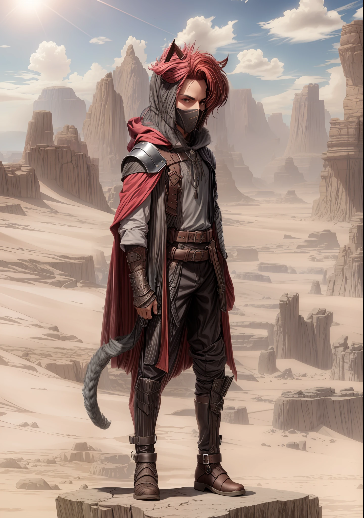 There's a man in a red cape and black pants standing on a rock, desert nomad, Desert Fighter Ancient Mage, Bedouin portrait D&D, senior concept artist, Tiefling Rogue, epic scifi character art, Trendin on Artstation, beautiful full-body concept art, Silvain Sarrail, award-winning conceptual artist, full-body CGsociety (add_detail:1)