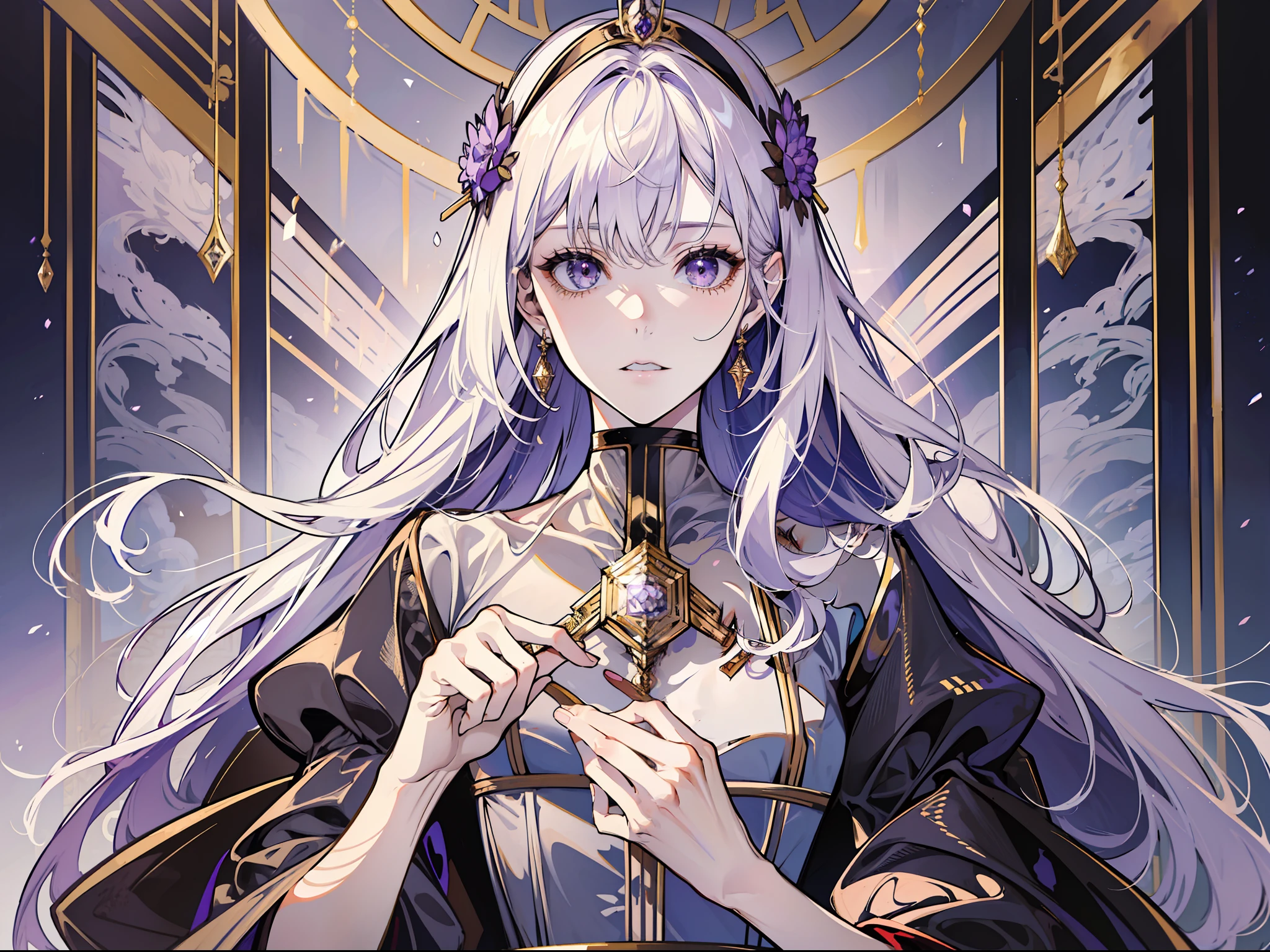 (absurd, high resolution), (panorama), a woman, mature, beautiful, tall, queen's dress, lilac complex dressed, exquisite, brown eyes, pale blonde hair, silver crown on his head, expression painful, panicked, in the palace, brilliant, magical, holding a long golden delicate wand,