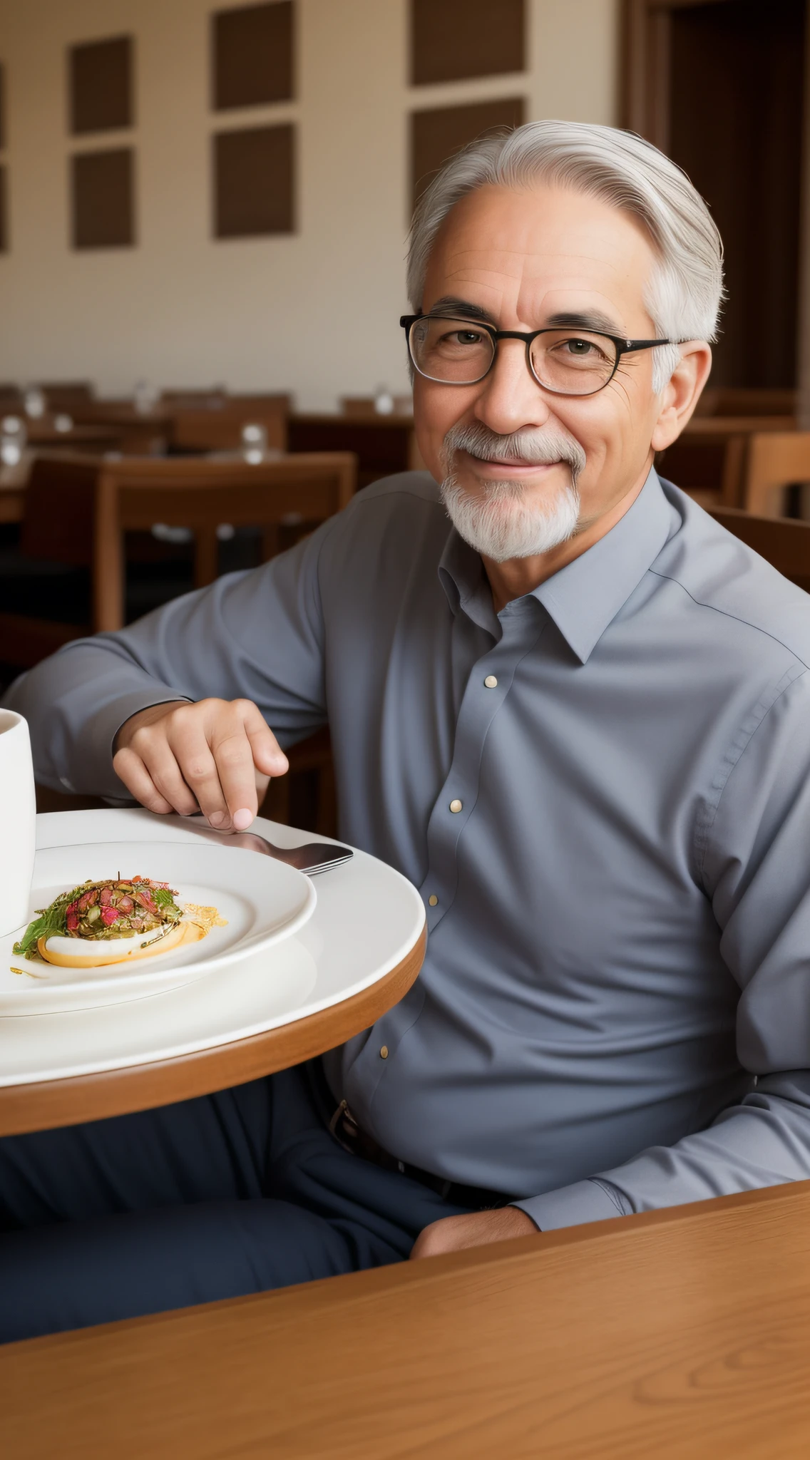 Draw me, a professor, sitting in a fancy restaurant, in my mid-50s, happy face, gray hair, afternoon sunshine, photo blur, background split, realistic, detailed, clear