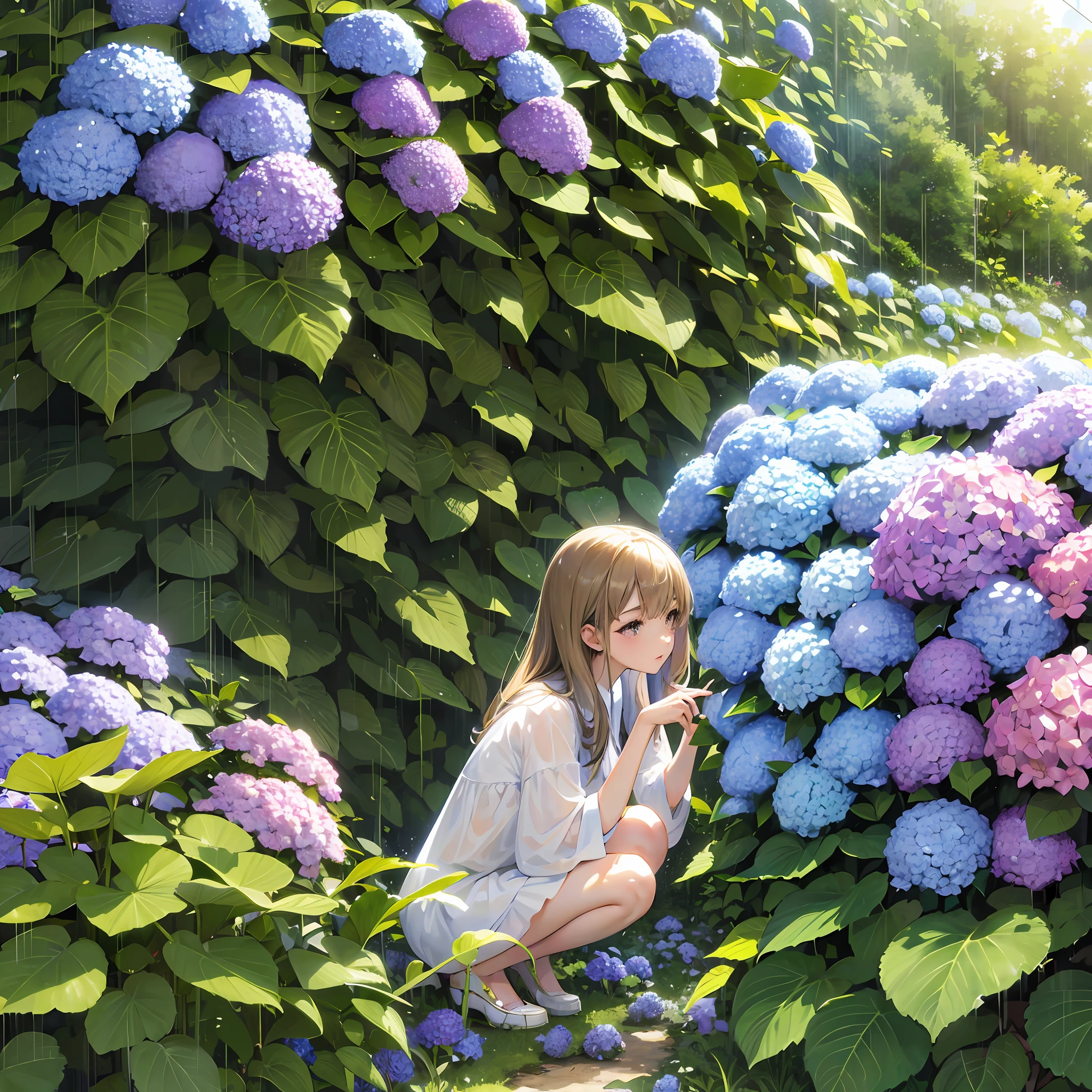 Original,girl, hydrangeas, hide-and-seek, hiding, squatting, sitting, lush, summer, yard, old house in the distance, rain, hydrangea underneath, big hydrangea --auto --s2