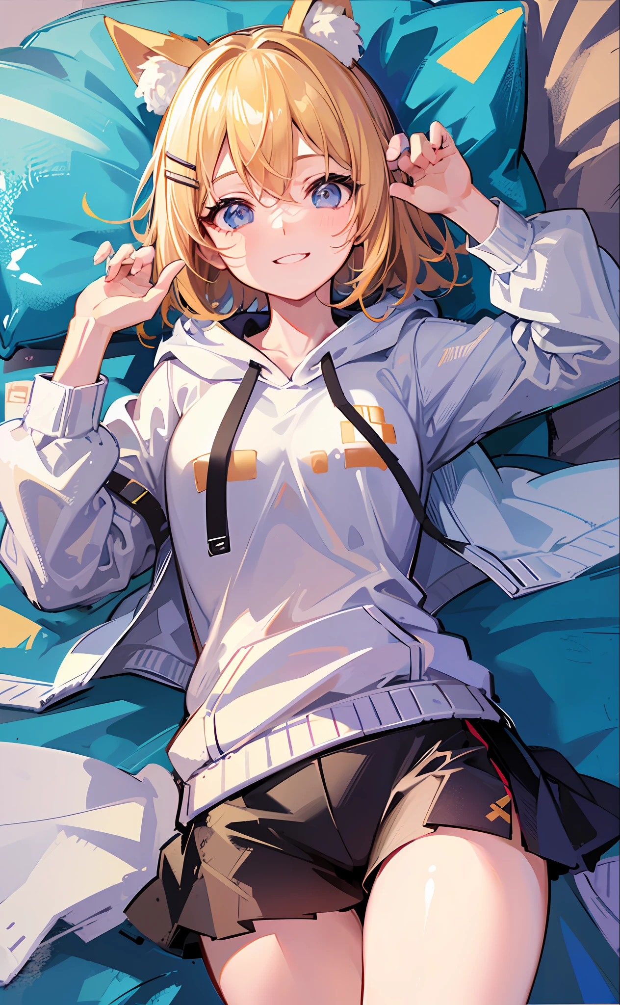 (Masterpiece), (Best Quality), (Illustration), (Ultra Detailed), (High Resolution), Perfect Anatomy, Absurdity, One Girl, (Kagamine_Rin), (Vocaloid), Short Hair, Hair Clips, Big Smile, (Blonde), Very Cute Girl, Small, Young, Delicate, Attention to Girl, Bedroom, Cute, She, Smile, Best Moment, , Blue Eyes, Bright Eyes, lively eyes, cute, standing, thighs, sweet, innocent, love love, love viewer, clean skin, beautiful body, cute face, delicate arms, boyfriend gaze, lively eyes, neat, bare legs, dabo dabo hoodie, perfect hood, white hoodie, black shorts, beautiful girl, blue sky, full of energy, best girlfriend, happiness, cat ears, lying on bed, lying on bed