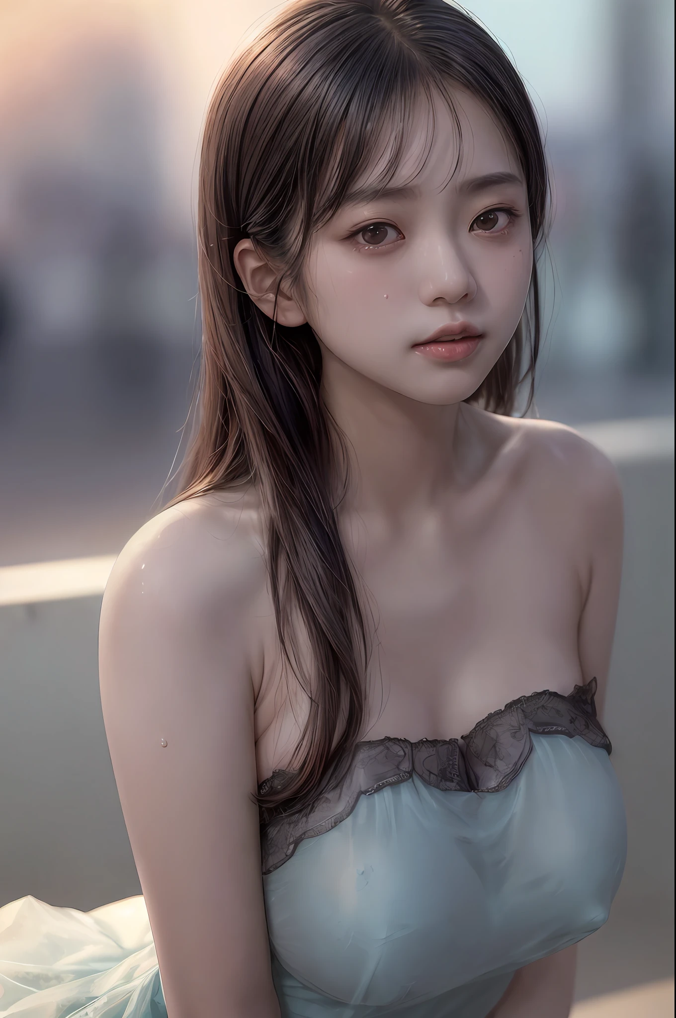 (best quality), (masterpiece), (highres), original, extremely detailed 8K wallpaper, (an extremely delicate), Best quality, masterpiece, (((disgusted and unhappy expression))), (((disgusted face, unhappy face))), angry Frown, ultra high res, (photorealistic:1.4), raw photo, street photography, photo of a Taiwanese young girl, She play with her own breasts, sweat, sweaty body, (sheer fabric:1.35)(loose:1.5)lace strapless dress, (((huge)saggy breasts)), (bare breasts), (((erect nipple))), ((areolas)), (Korean(kpop idol)), ((puffy eyes)), deep shadow, low key, cold light, deep contrast, bokeh, depth of field, below angle, low angle, (looking at viewer, softly smiling), a photo of a inside a subway, neoism, background crowds, people in backgrounds, ((upper body)), ((straight photo)), exposure blend, medium shot, bokeh, (hdr:1.4), high contrast, (cinematic, teal and orange:0.85), (muted colors, soothing tones:1.3), low saturation, (hyperdetailed:1.2), (nsfw:1.07),