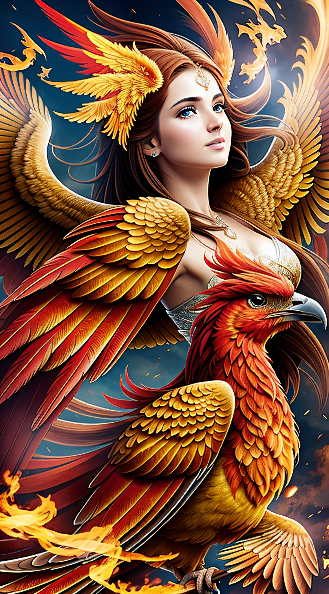 Highest image quality, ultra HD, masterpiece, a fiery red phoenix soaring with wings, extremely beautiful layered feathers, light and shadow, particle light, particle effects, aesthetic romance, dreamy highest quality, ultra HD, masterpiece, exquisite CG, face face exquisite details, rich picture layers, open mouth, clear outline, face close-up, beautiful, perfect details, best quality, highest image quality, high resolution, HD, 16k, 8k, UHD, HD, HD