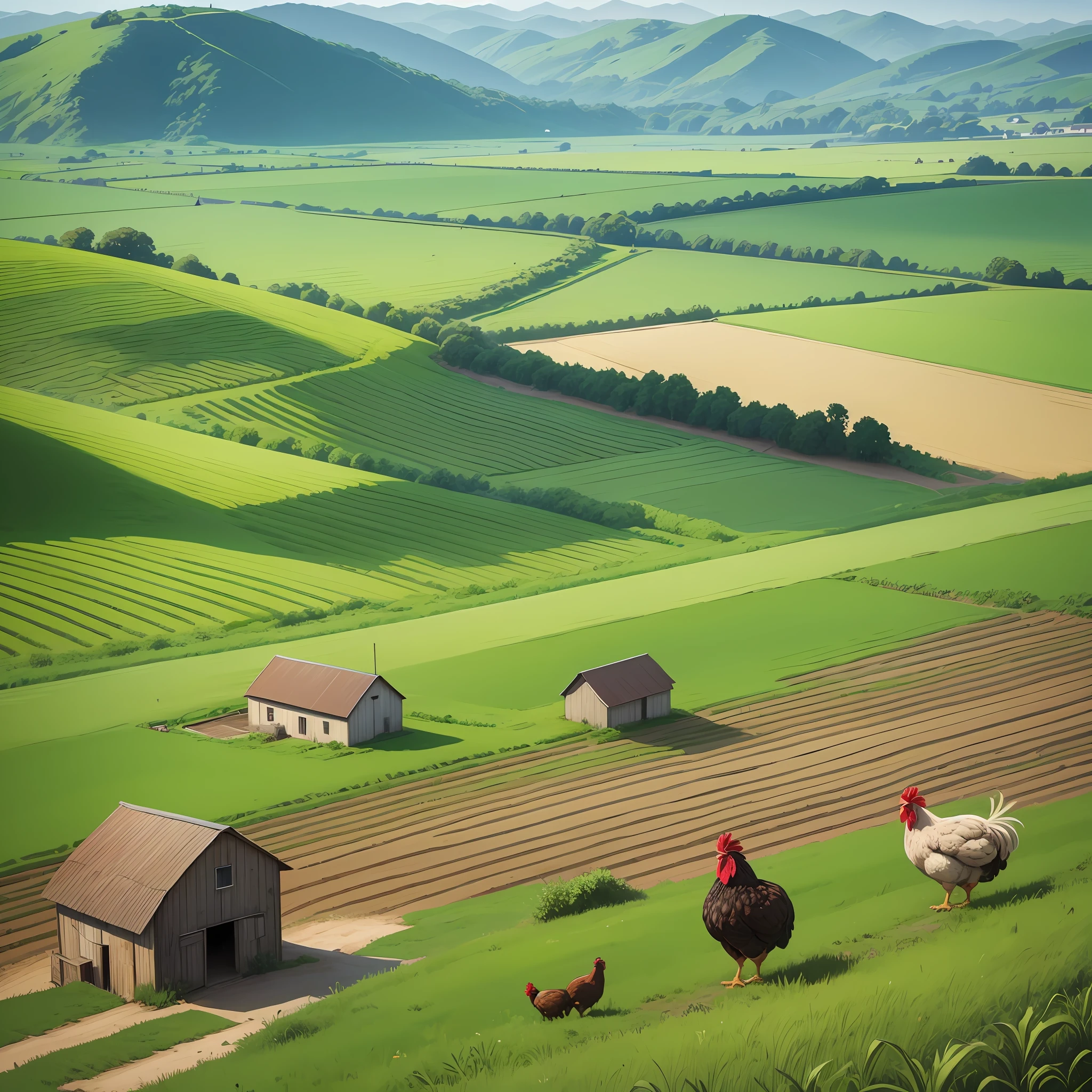 There are several chickens grazing in fields near farm, rooster hen chicks, farm background, farmland background, terraces, rural city scene farmland, farm, rural landscape, countryside, farm, landscape illustration, agriculture, lush farmland, rural landscape, hd illustration, expansive view of farm, flat illustration, farmland, anime rural landscape, farmer, stylized digital illustration, background art --auto --s2